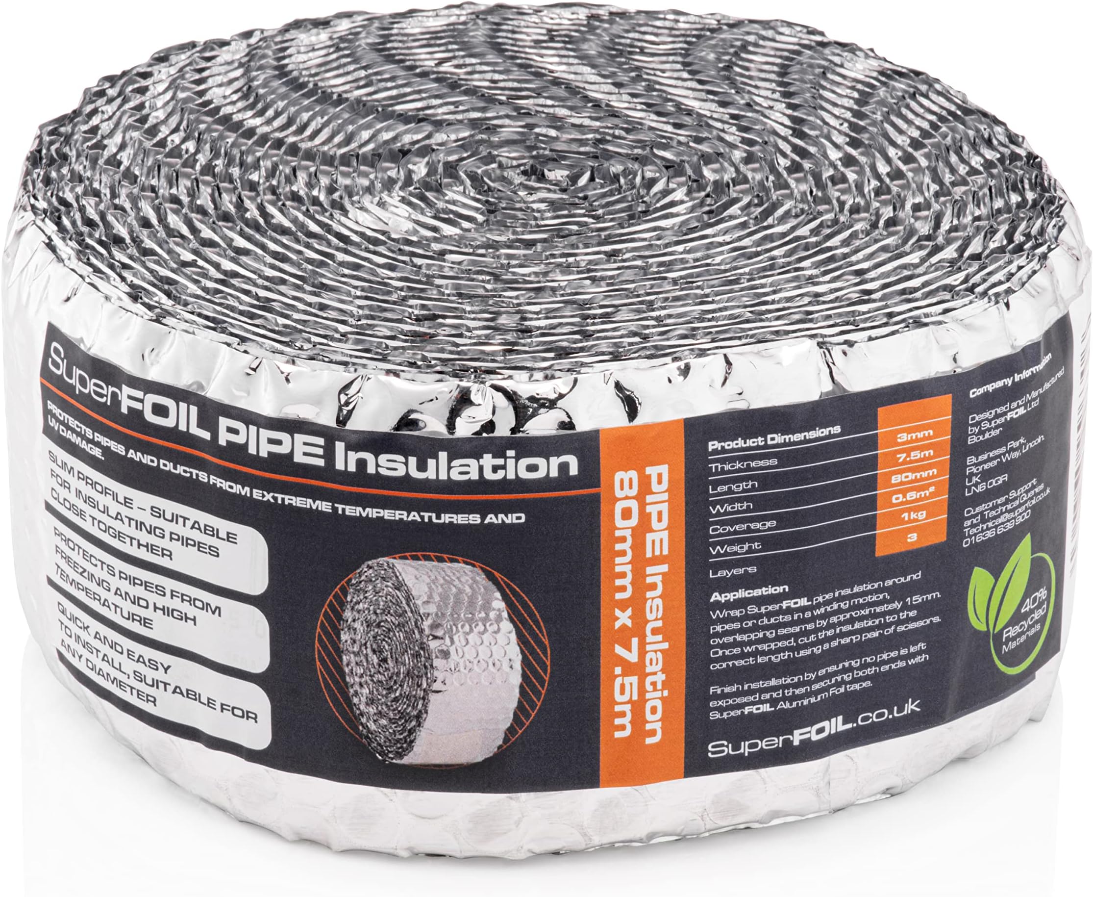 Pipe Insulation 80mm x 7.5m - Pipe and Duct Lagging Foil Wrap
