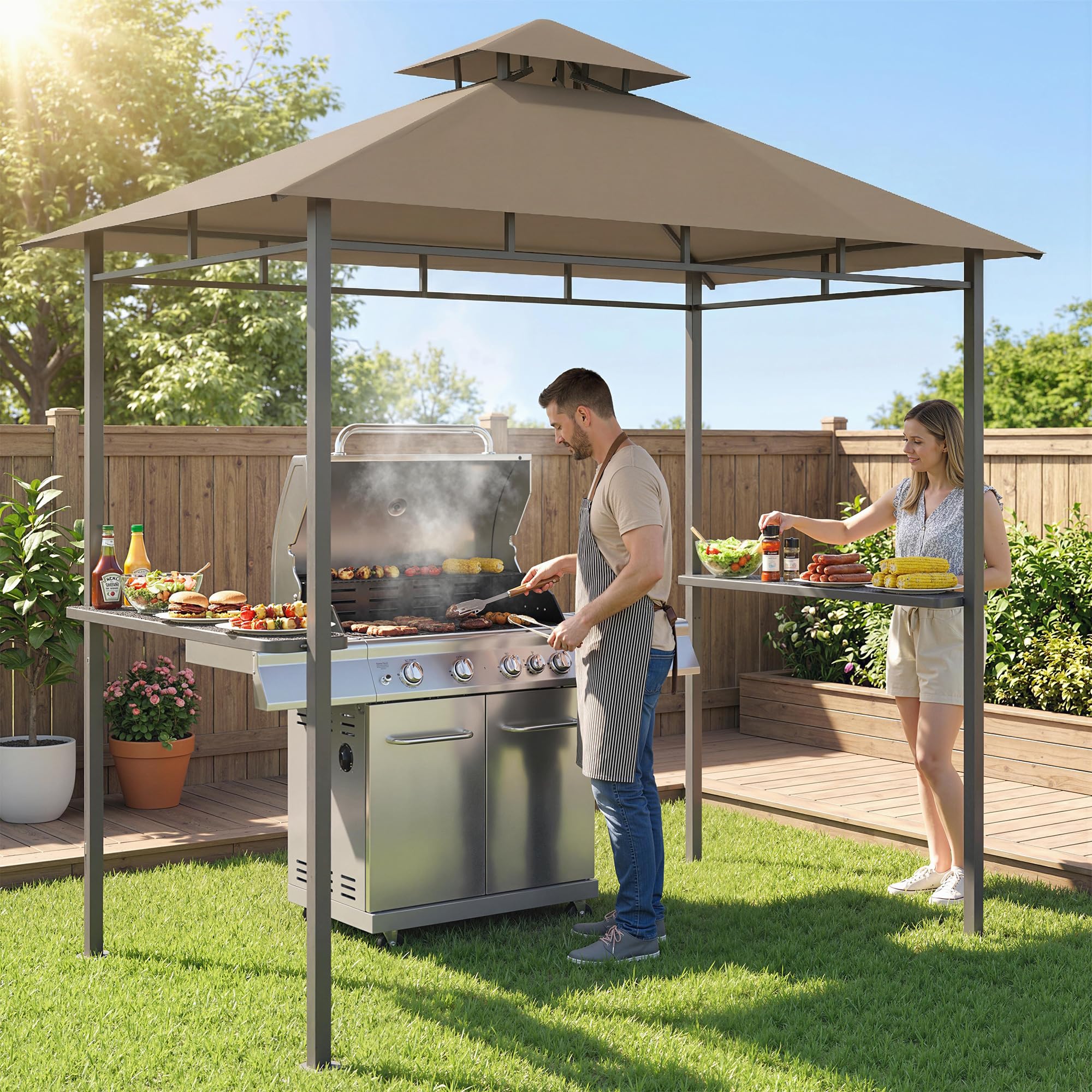 Outsunny Rifugio per barbecue all'aperto, gazebo da giardino, 245 x 146 x 255 cm, doppio tetto, 2 ripiani laterali, telaio in metallo, gazebo per barbecue, esterno per feste, picnic, terrazza, marrone