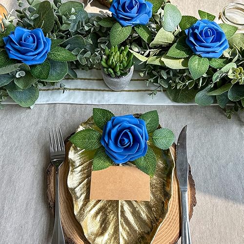 Miniatura 12 de Winlyn 50 rosas rojas de tacto real con tallos y hojas de seda, flores artificiales a granel para bodas, centros de mesa, arreglos florales