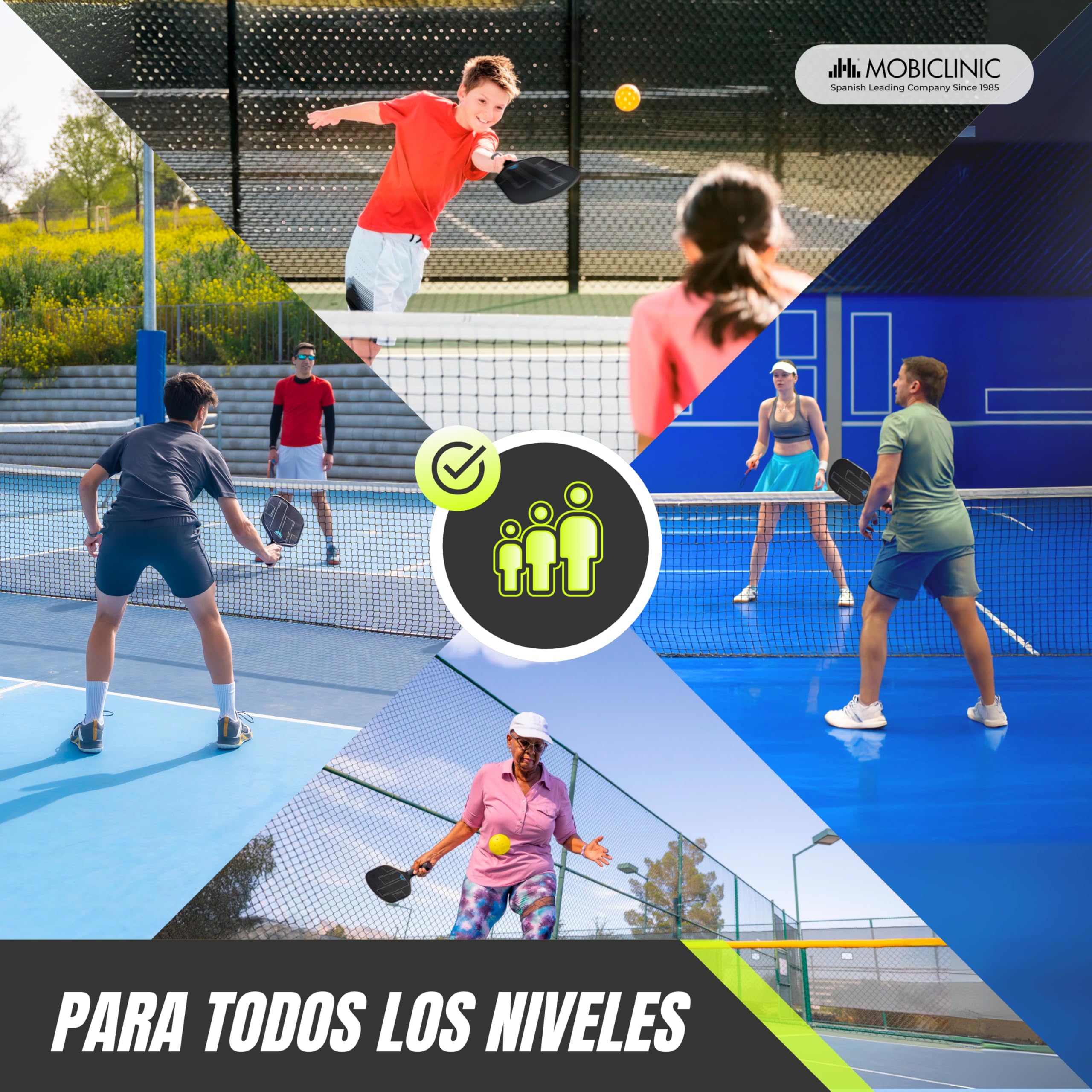 Mobiclinic®, Set de Pickleball, Palas de Fibra de Vidrio, Pelotas Interior y Exterior, Bolsa Transporte, Núcleo de Polipropileno de Panal, Grip Antideslizante