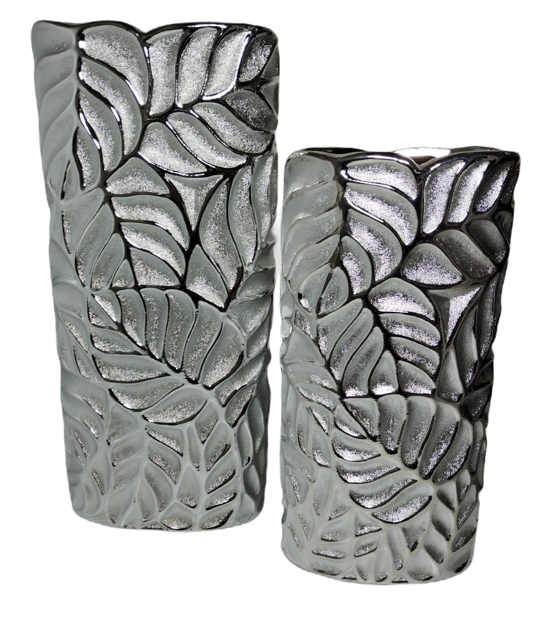 40 CM & 32 CM SILVER AURIA LEAF CYLINDER VASES SET OF 2