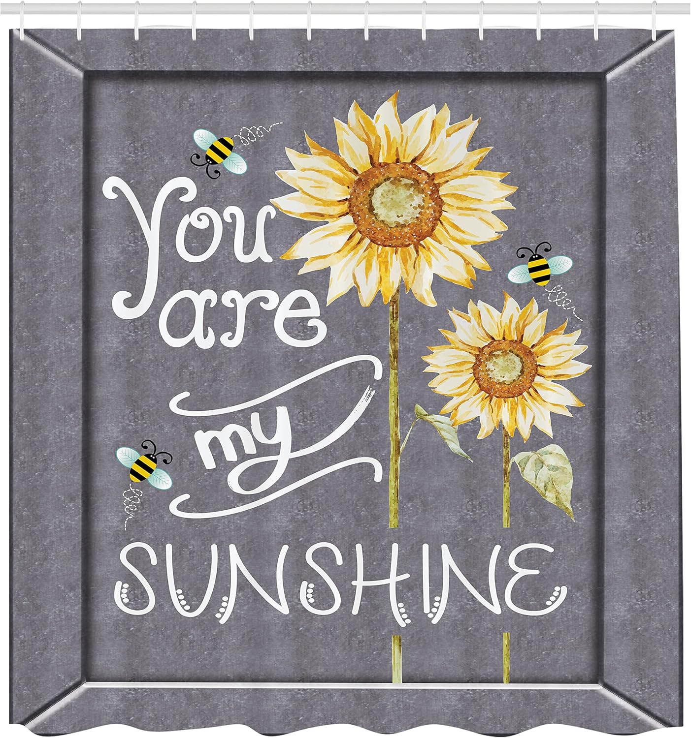 Ambesonne You are My Sunshine Shower Curtain, You are My Sunshine Words on Blackboard Bees Sunflowers Vintage Image, Cloth Fabric Bathroom Decor Set with Hooks, 69" W x 70" L, Yellow Grey
