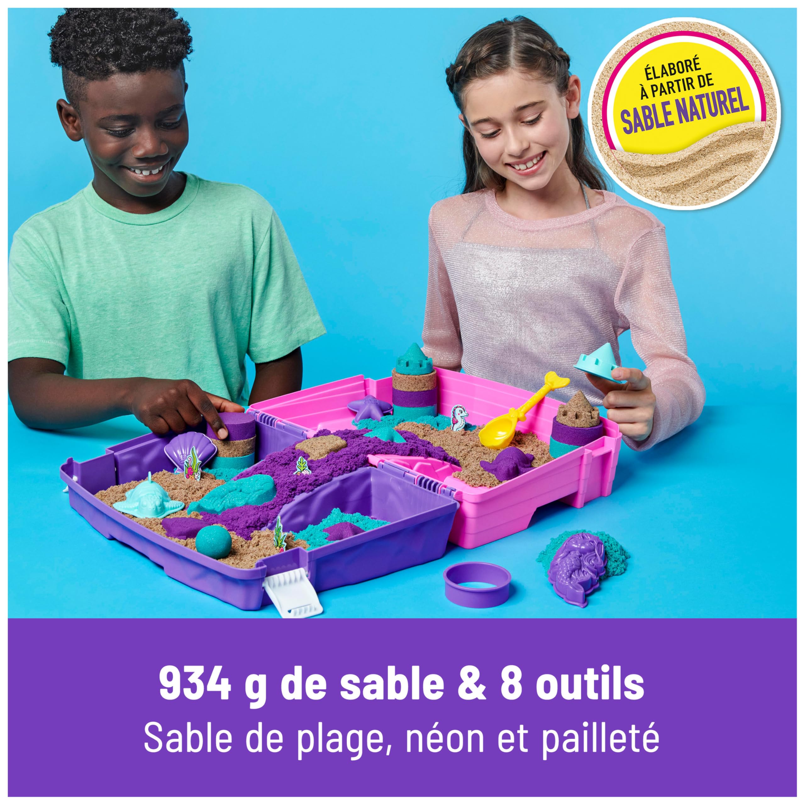 Kinetic Sand Sable Magique - Mallette Palais de Sirène 934 G + 8 Accessoires - Emportez Votre Sable Coloré Partout & Sculptez Vos Créations - Loisir Créatif Enfant - Jouet Enfant 3 Ans Et +
