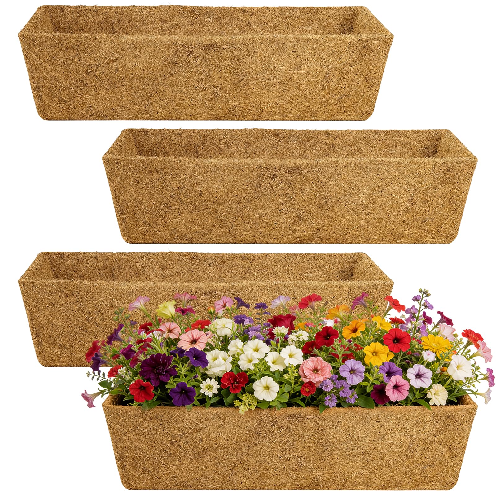 30in Tapered Coco Liners for Window Planter Box - 4 Pack 100% Natural Coconut Coir Fiber Liner Replacement for Deck Flower Box, Garden Railing Fence Wall Planter Basket