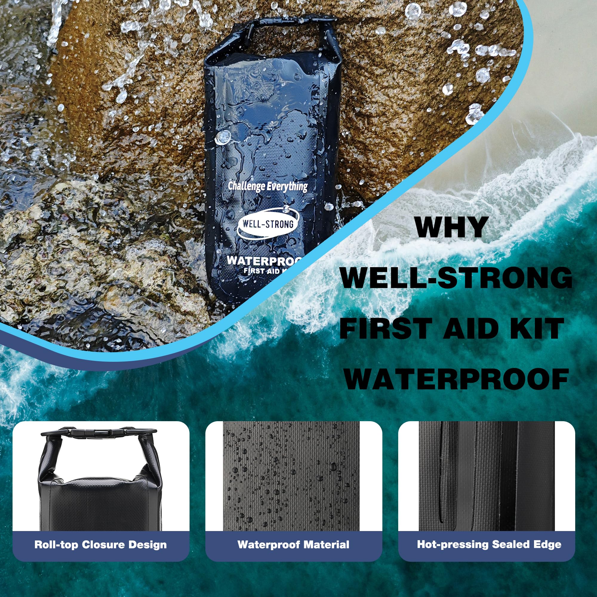 Wasserdichtes Erste-Hilfe-Set Roll-Top-Boot-Notfall-Set mit wasserdichtem Inhalt für Angeln, Kajakfahren, Bootfahren, Schwimmen, Camping, Rafting, Strand, Schwarz