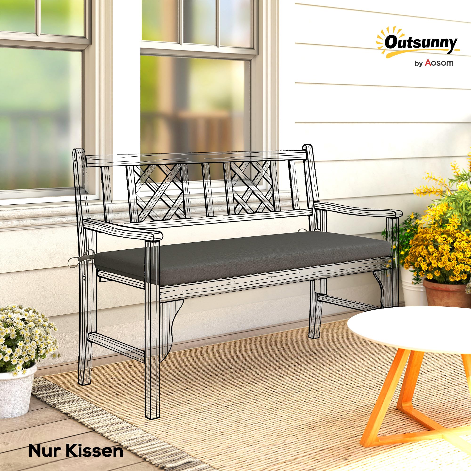 Outsunny Cuscino per panca, 110 x 46 x 6,5 cm, con nastri, per esterni, impermeabile, UPF30+, cuscino per panca, cuscino per mobili da giardino, panca, grigio scuro