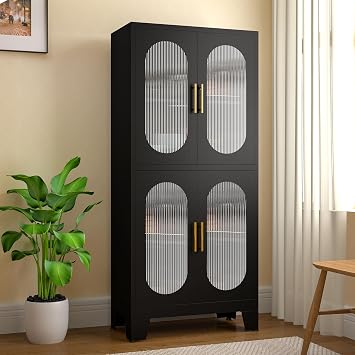 winiowa 61" Metal Pantry Cabinet, Kitchen Storage Cabinets with Acrylic Glass Doors and Adjustable Shelves, Black Cupboard for Bathroom, Laundry, Living Room, Dinning Room, Home Office