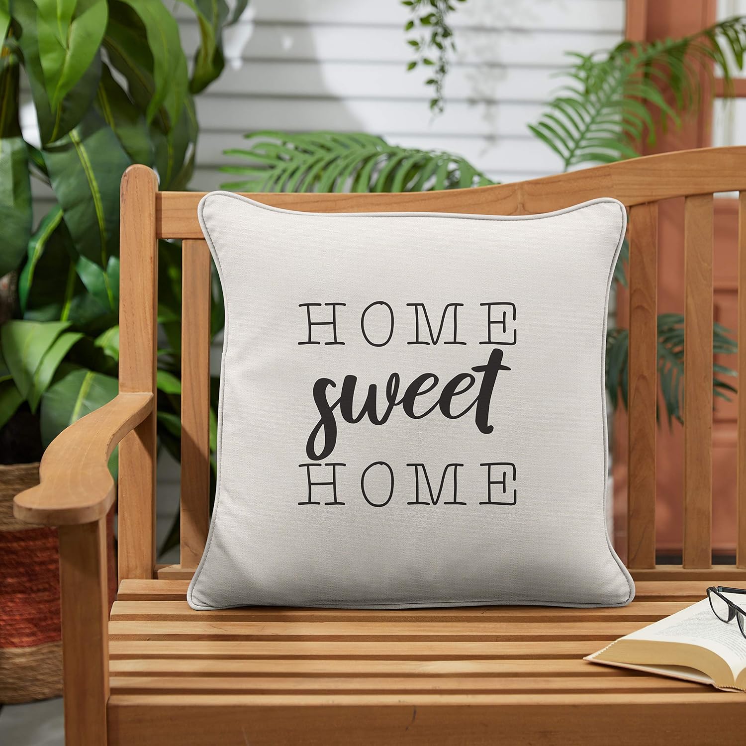 Trupedic x Sunbrella - Indoor/Outdoor Single Embroidered Home Sweet Home Square Pillow, Canvas Natural Ivory