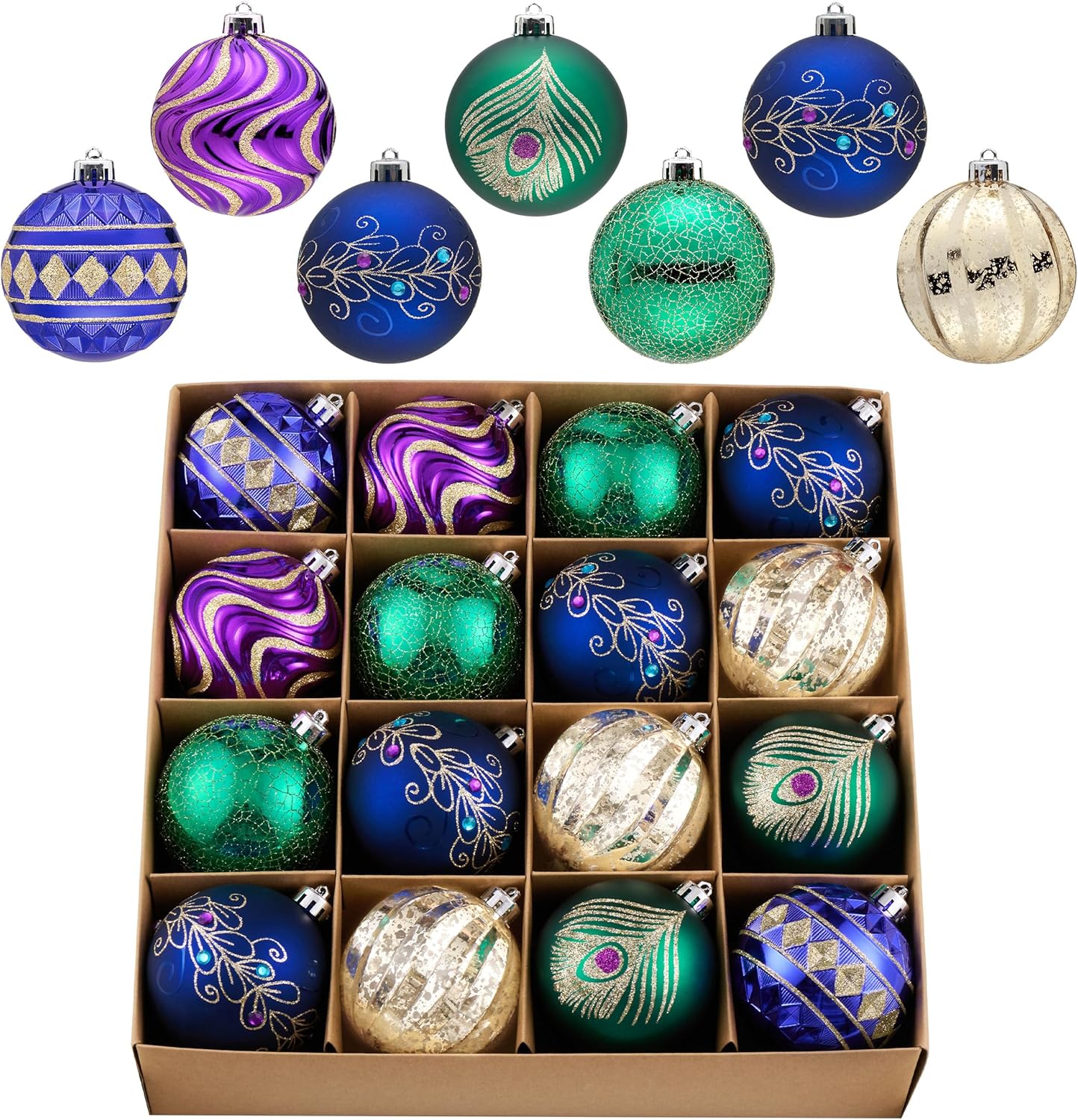 Valery Madelyn Christmas Ball Ornaments, 16ct Peacock Blue Purple Green Shatterproof Christmas Tree Decorations Set, 3.15 Inch Decorative Hanging Ornament Bulk for Xmas Holiday Party Decor