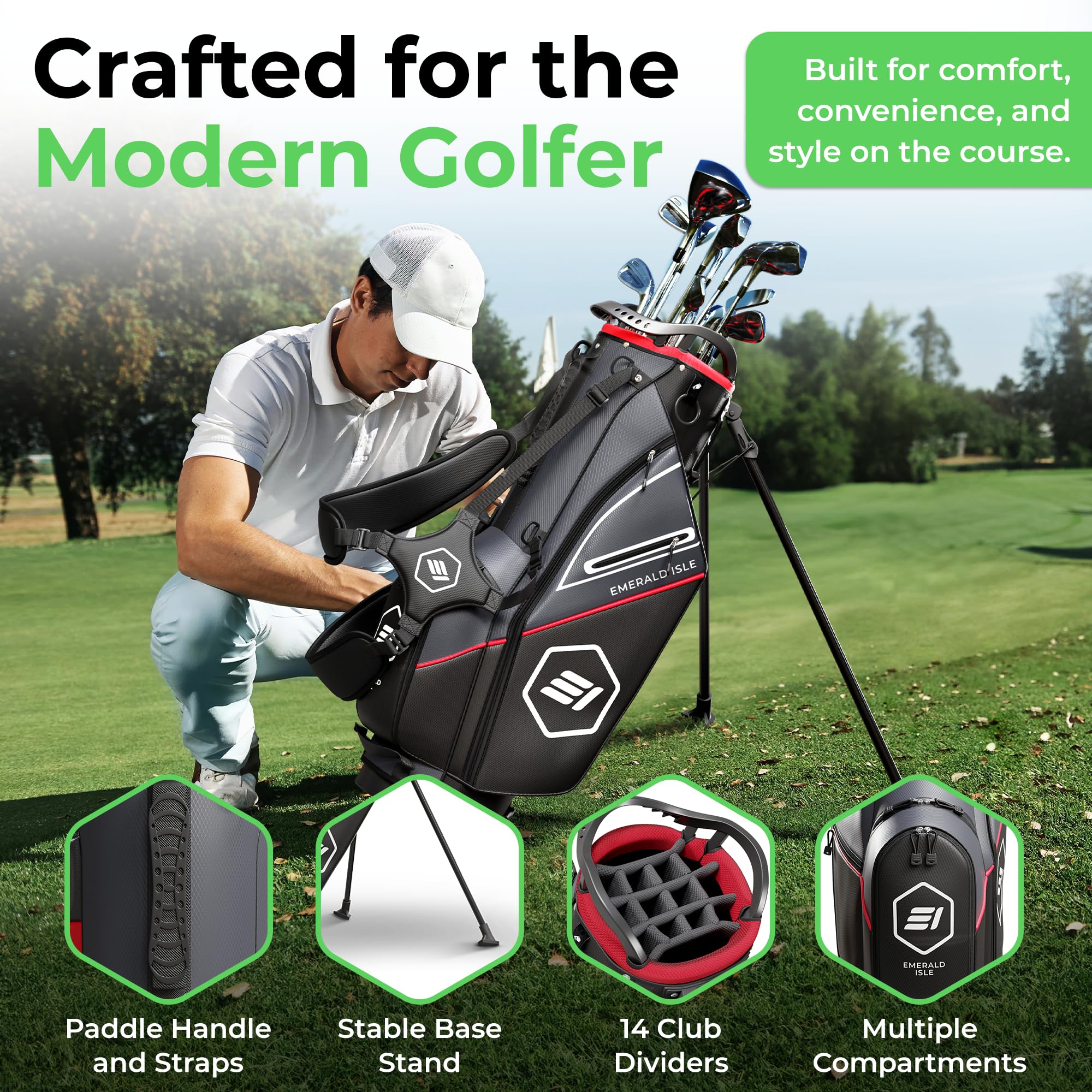 Emerald Isle 14 Way Full Length Divider Golf Bag Stand, Heavy Duty Carry Bag with Rain Hood, Multiple Pockets, Padded Handle and Strap, Lightweight Golf Bag for Men and Women
