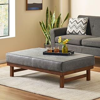 Merax 48.15" Large Rectangle Ottoman Faux Leather Coffee Table for Living Room, Upholstered Ottoman with Plush Cushion Top, Gray+Walnut