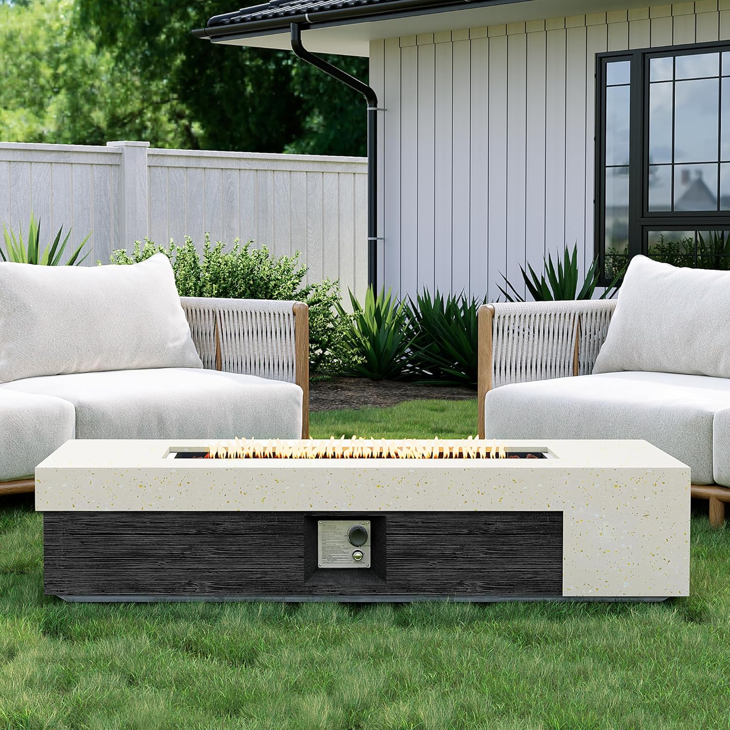 56inch Rectangle Propane Fire Pit Table 50000 BTU-Black & White Concrete Finish,Auto-Ignition,CSA Certified,Includes Lava Rocks,Waterproof Cover for Patio & Backyard