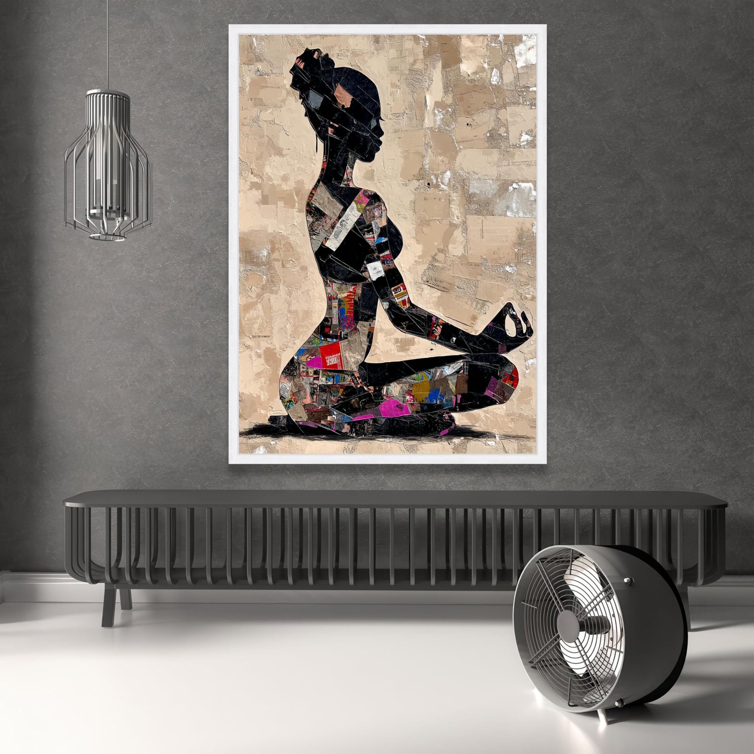 YUSUZHU Tela con silhouette di donna in meditazione, arte astratta con posa yoga, collage a tecnica mista, decorazione spirituale per la casa (60x90 cm/cornice interna)