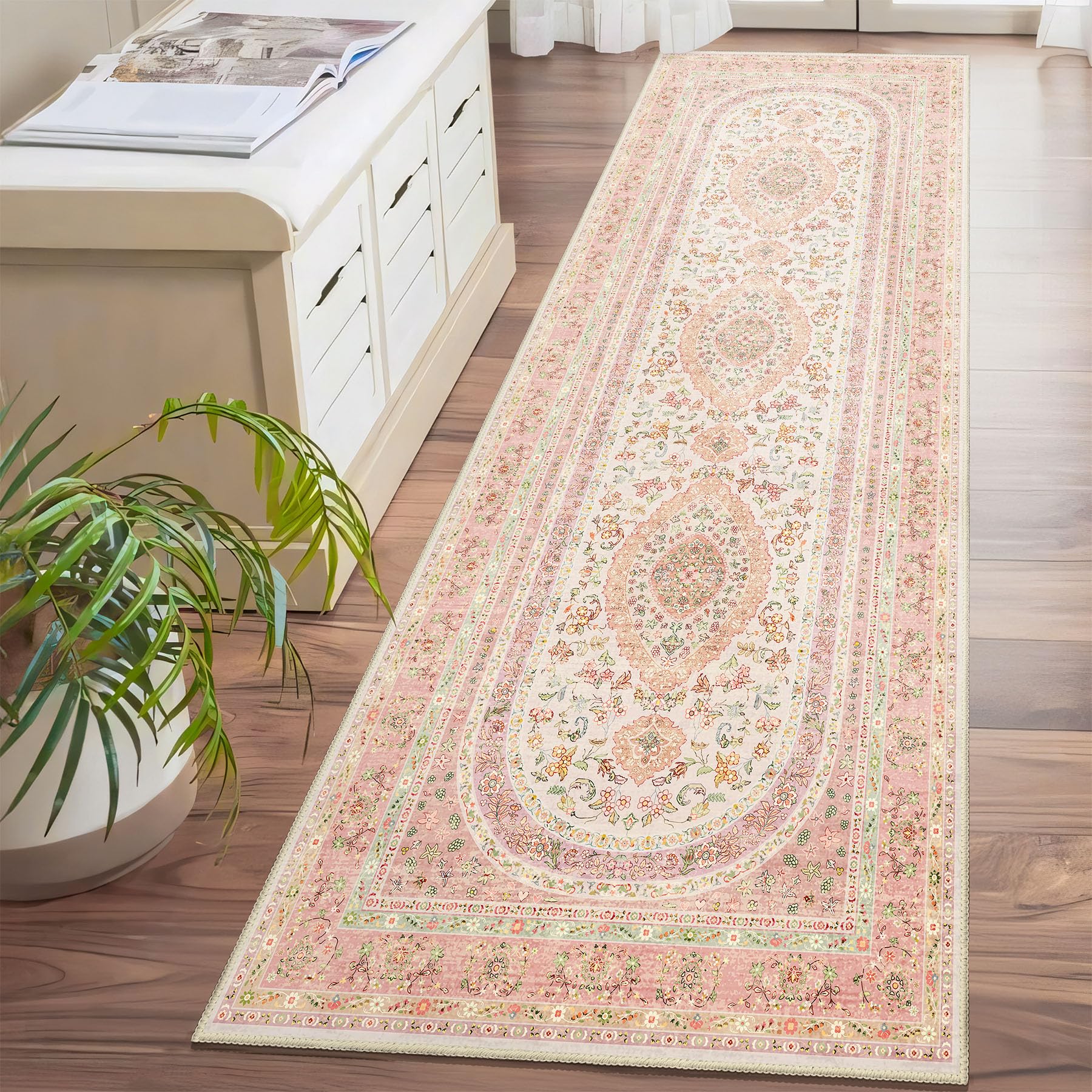 Castage Washable Runner Rug 2x8,Pink Rug Runners Non Slip,Long Boho Rugs for Hallways Kitchen Bedroom Entryway Living Room Bathroom,Vintage Bohemian