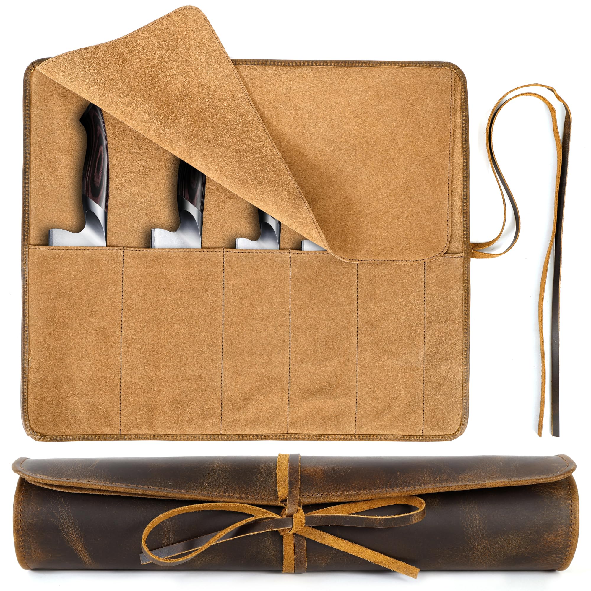 ELIZO Leather Knife Roll Bag Professional Chef Knife Case, Durable Sheath Holder, Cooks & Culinary Tools Carrying Storage, Portable Wrap - 6 Slots