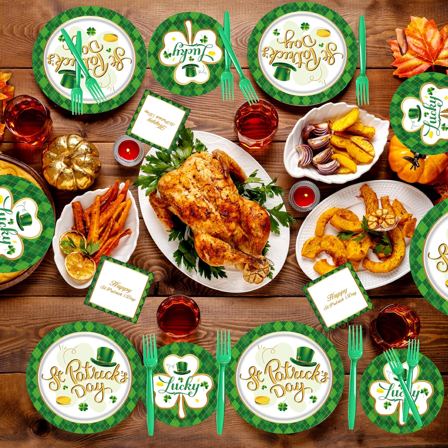 St Patrick’s Day Party Supplies for 24 Guests, 96 PCS Paper Plates and Napkins with Forks, Heavy Duty 10" Dinner (Larger Than 9") & 7" Dessert Plates for Shamrock Party Disposable Tableware
