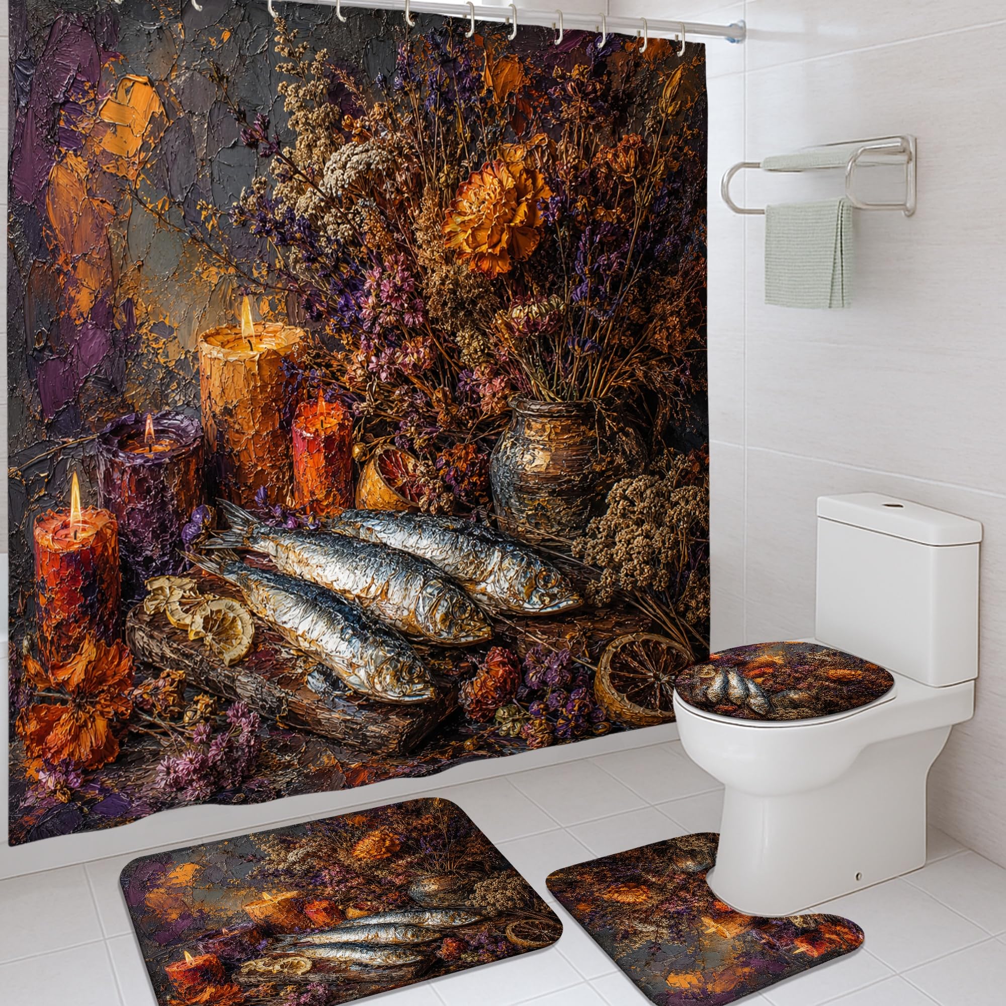 Rideau de douche rustique aux bougies d'automne pour ambiance cocooning