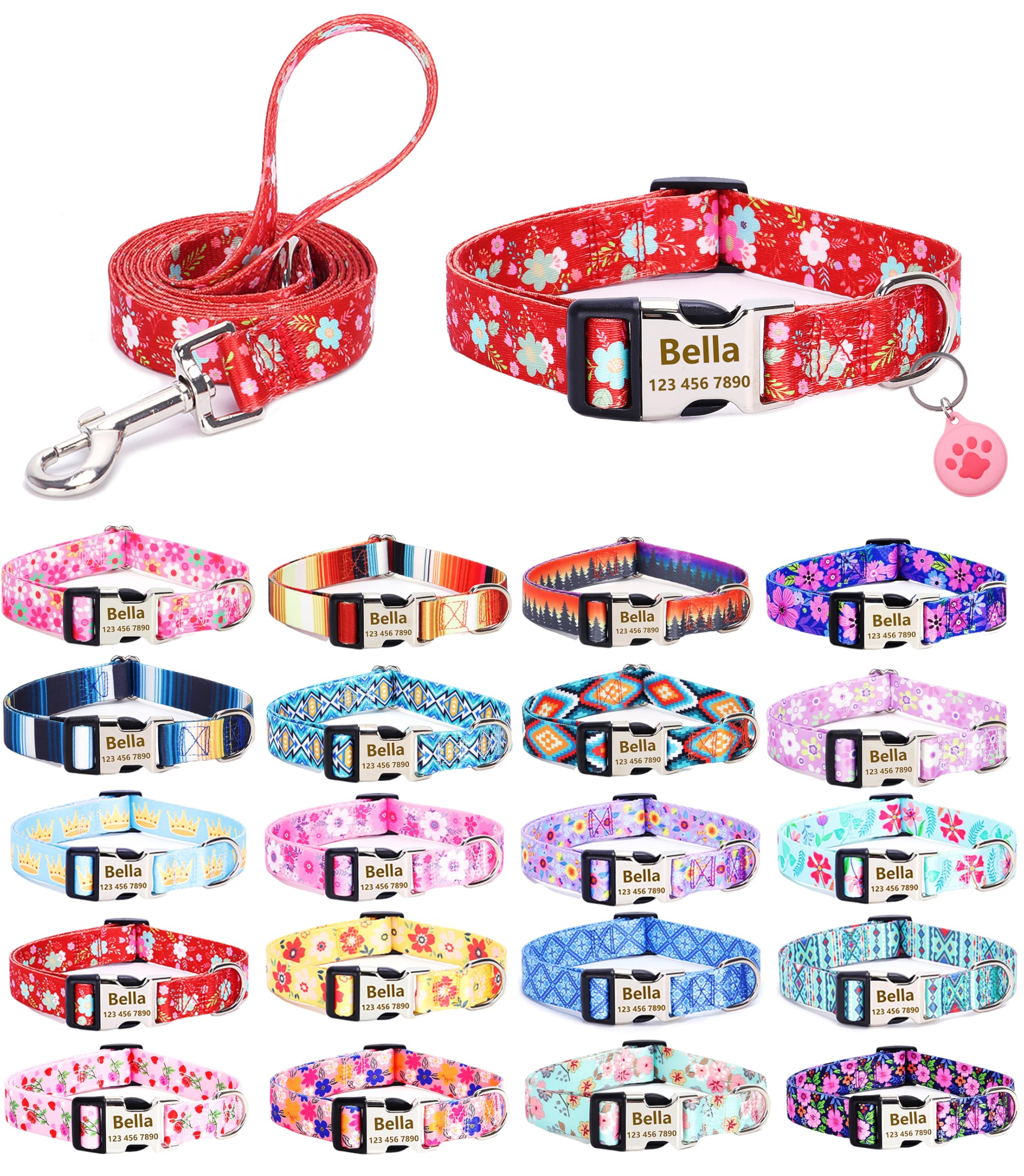 Moonpet Personalised Custom Customized Dog Collars Lead Airtag Holder Set with Name Phone Number for Puppy X-small Small Medium Large Boy Girl Dogs - Red Flower - L