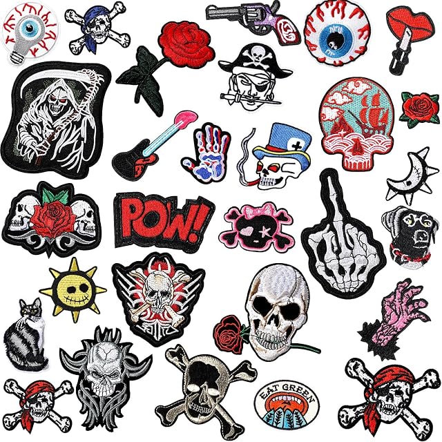 WILLBOND 30 Pieces Rock Punk Band Patch or Alien Patches Punk Iron-on Patches Assorted Punk Embroidered Iron-on Patches Skull Eye Ball Pattern for Halloween Jackets Hat Clothing Bags
