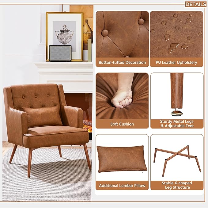 Sillón Acogedor Cuero Sintético Madera Marrón 2 Piezas miniatura 5