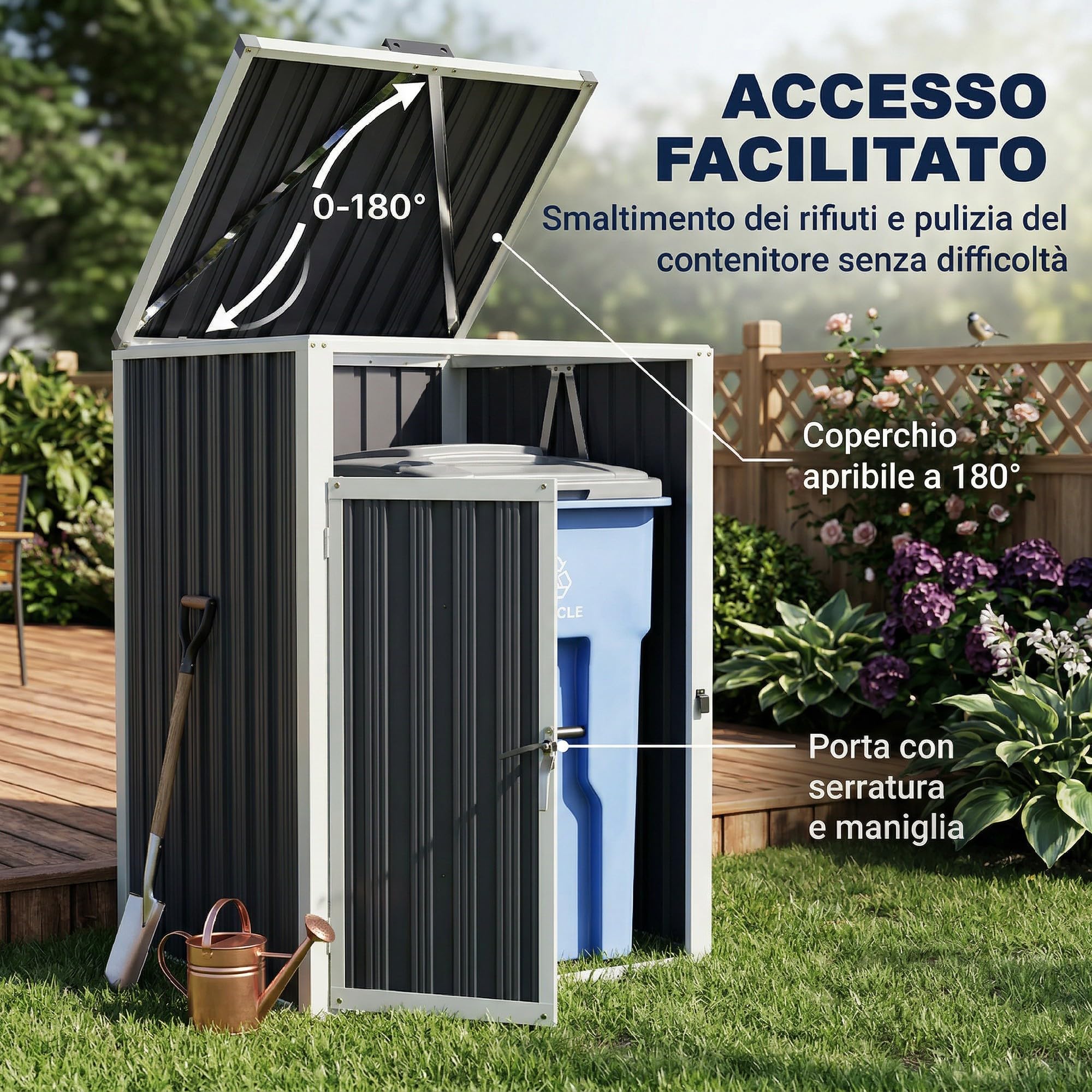 Outsunny Casetta per Spazzatura Esterna a 2 Sezioni in Acciaio Zincato con Coperchio Sollevabile a 180° Capanno da Giardino per Giardino e Patio 146x81x122 cm Grigio Scuro