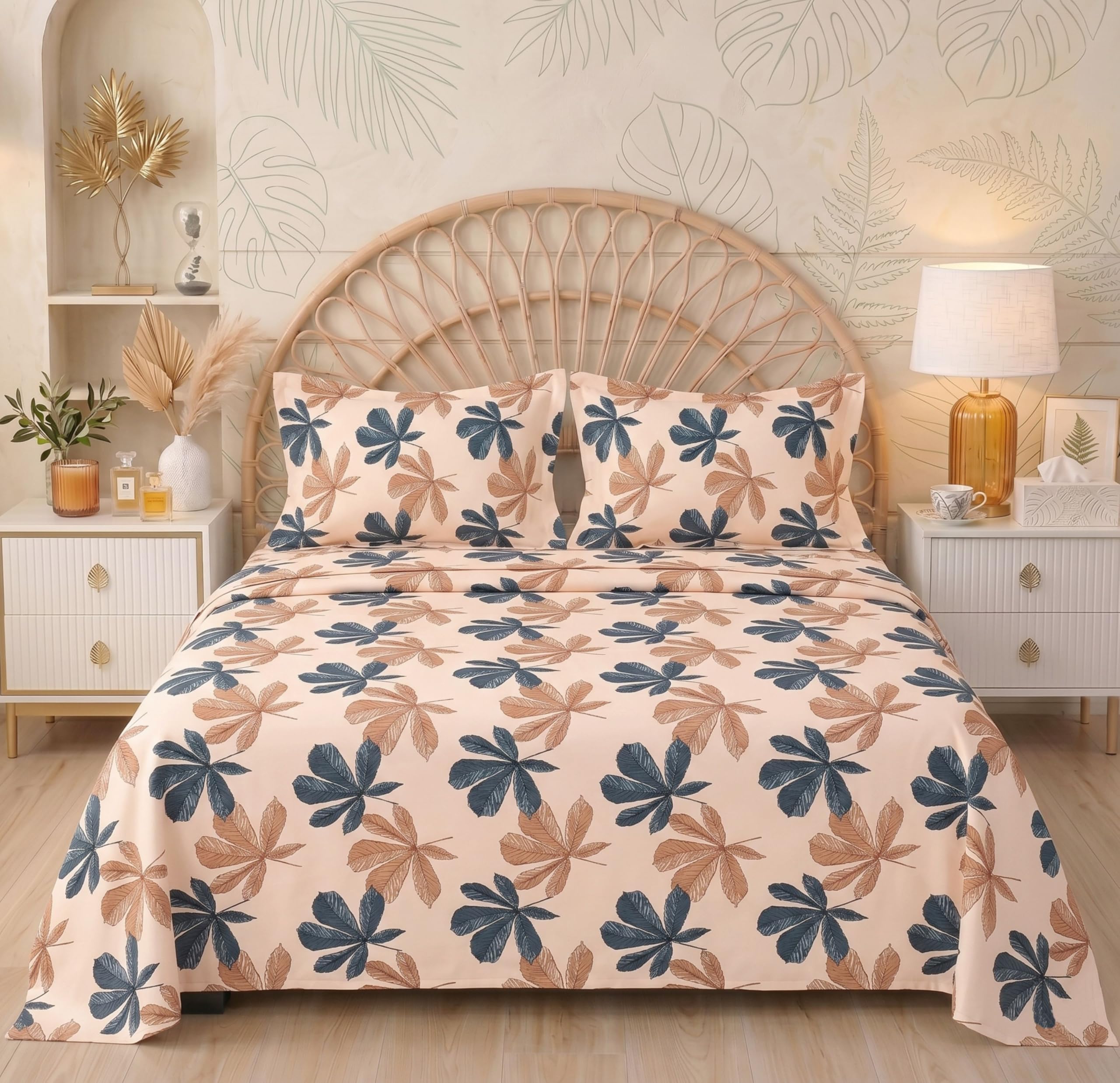 VAS COLLECTIONS Floral Printed King Size Cotton Bedsheet with 2 Pillow Covers | Luxury Double Bed Bedding Set 86x88 Inches | Ultra Soft, Breathable & Wrinkle Resistant (Desert Beige Floral)