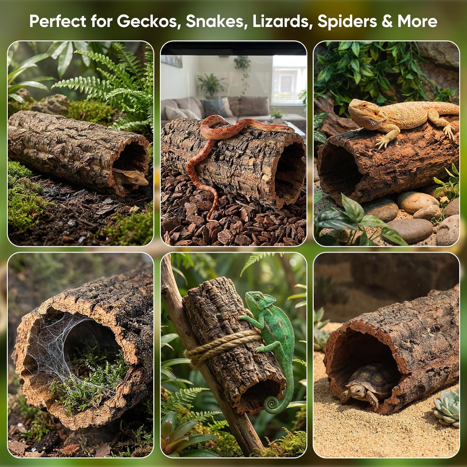 Homoyoyo Natural Cork Bark Round Reptile Hideout-hollow Tree Trunk Climbing Hide-wooden Terrarium Decor Shelter Cave for Gecko Lizard Snake Spiders Hermit Crab Habitat Accessories-rainforest Terrarium