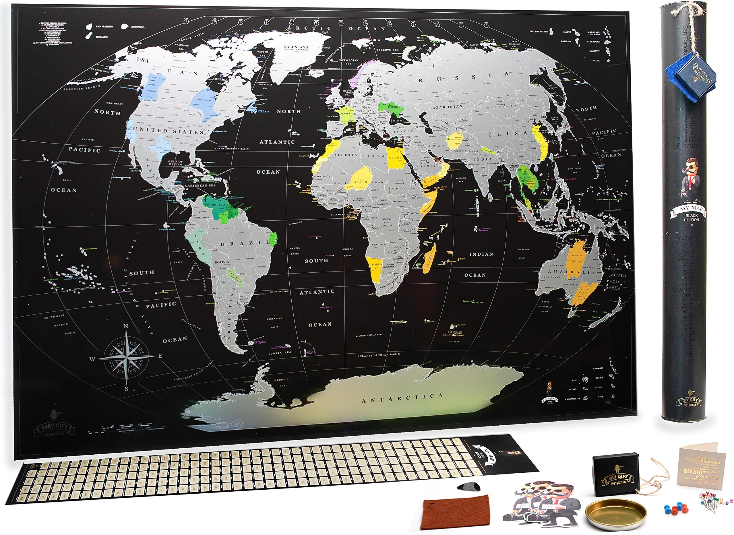 Mymap Scratch Off Map World Silver 35x25 Push Pin map Travel Map wall map Scratch Poster with pins Detailed Tube and Flags