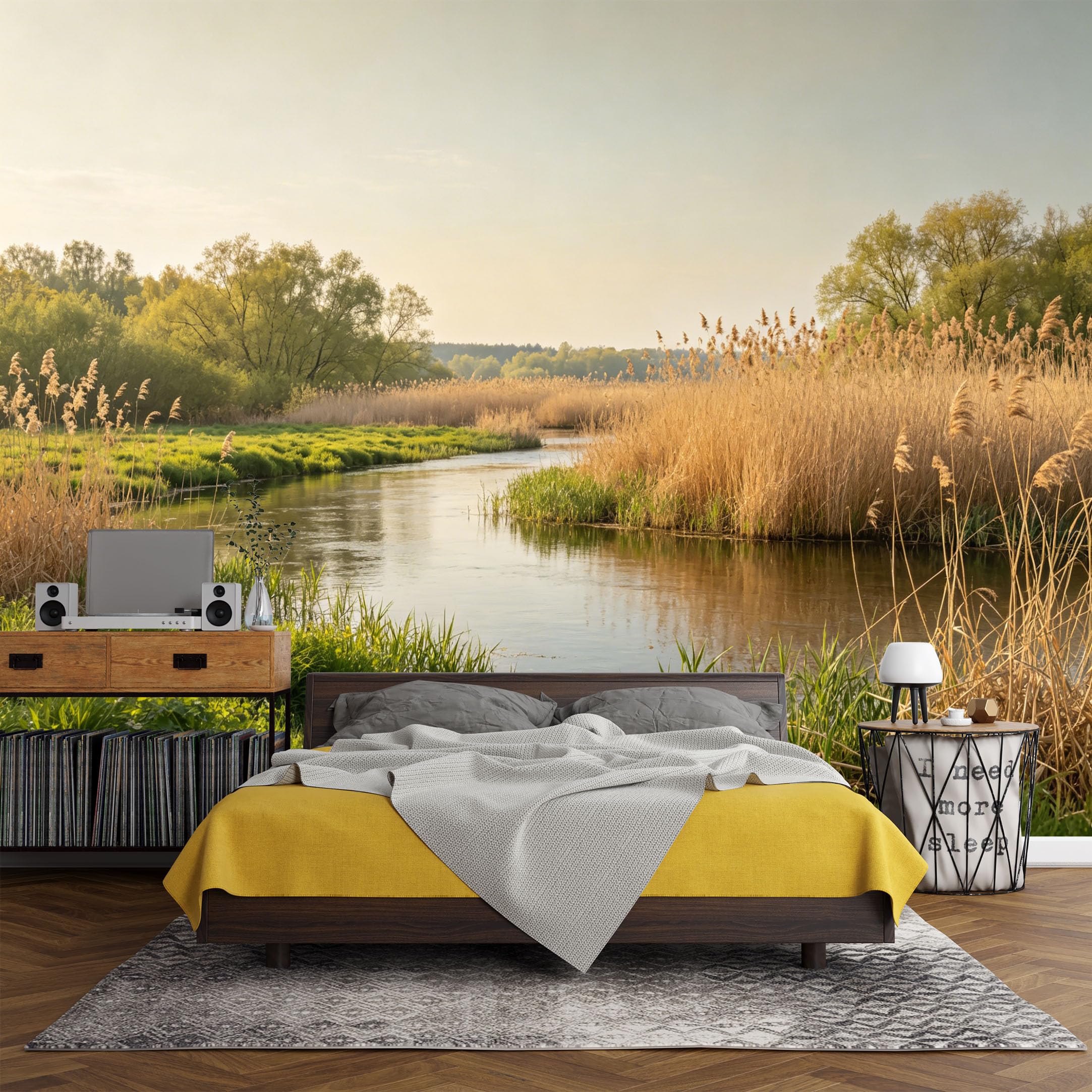 Custom Size Wall Mural， Landscape River Meadow Reeds Sunrise Nature Scene，SelfAdhesive Art Prints wall Fabric (No PVC) Removable Wallpaper Living Room Decor