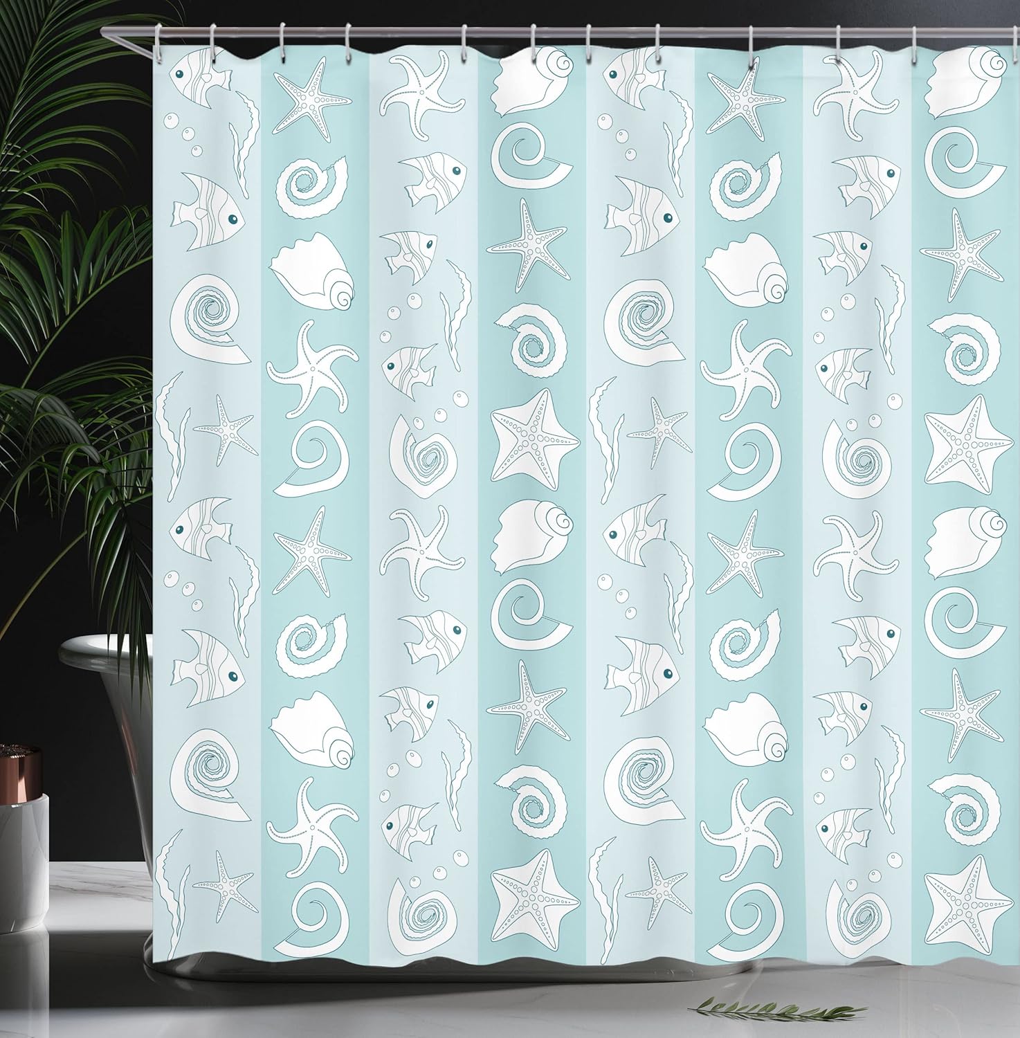Ambesonne Nautical Shower Curtain, Marine Theme Sea Animals Fishes Shells on Striped Blue Background, Cloth Fabric Bathroom Decor Set with Hooks, 105" Extra Wide, Pale Blue Pale Blue
