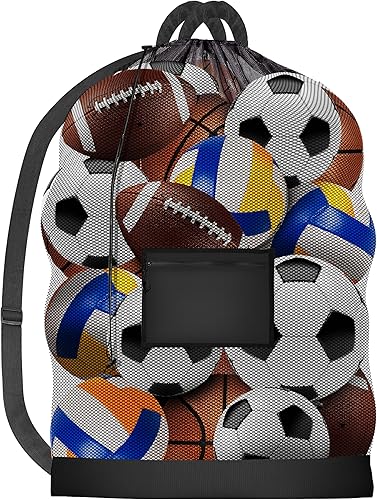 Handy Laundry Mesh Ball Bag - Up to 15 Balls Large Capacity Sports Equipment Bag Carrier with Adjustable Strap and Drawstring Closure - For Soccer,