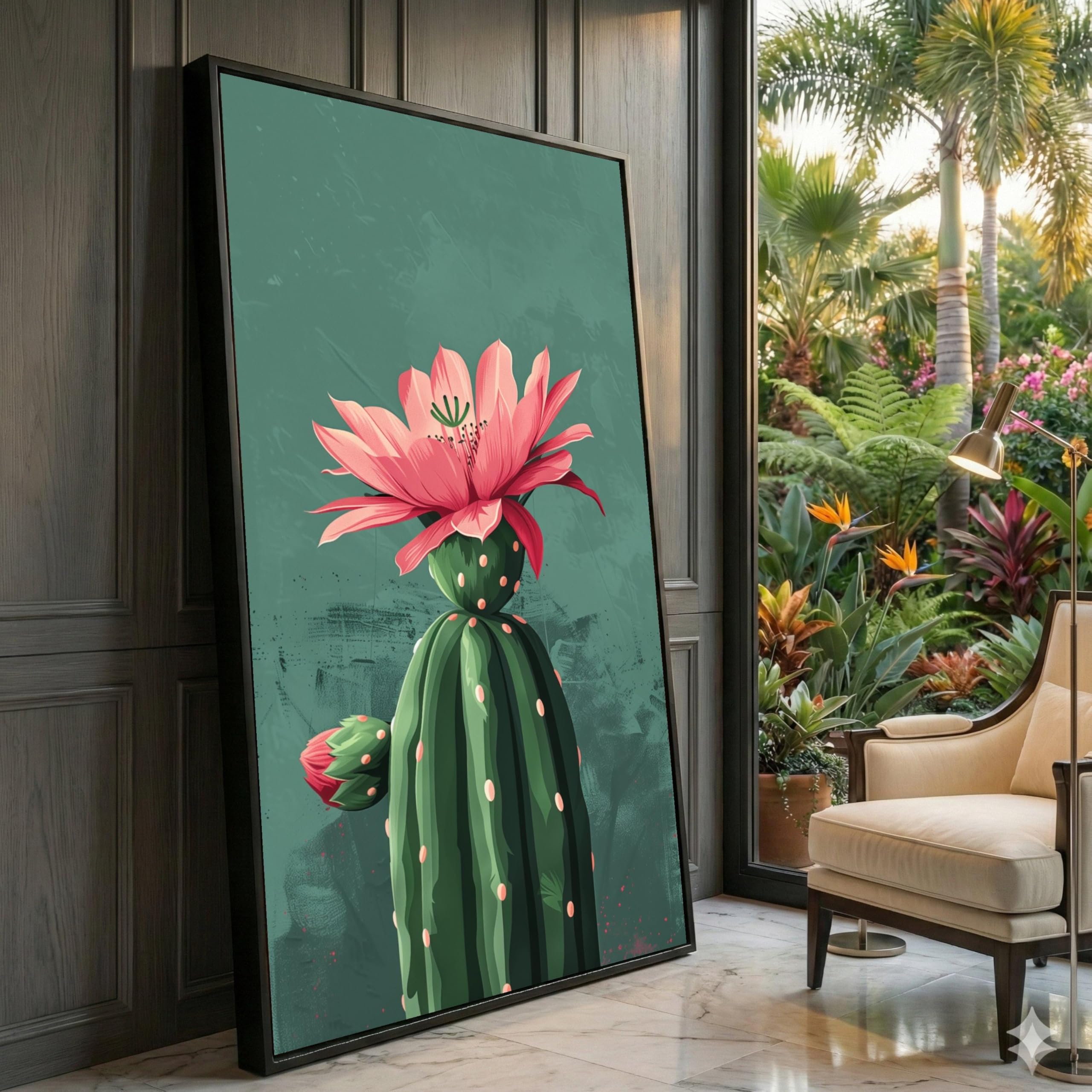 XINBAO Kwitnący kaktus płótno, kwiat pustyni sztuka ścienna, sukulenty wydruki botaniczne, nowoczesny obraz natury, akcent do dekoracji domu (60 x 105 cm / rama wewnętrzna)