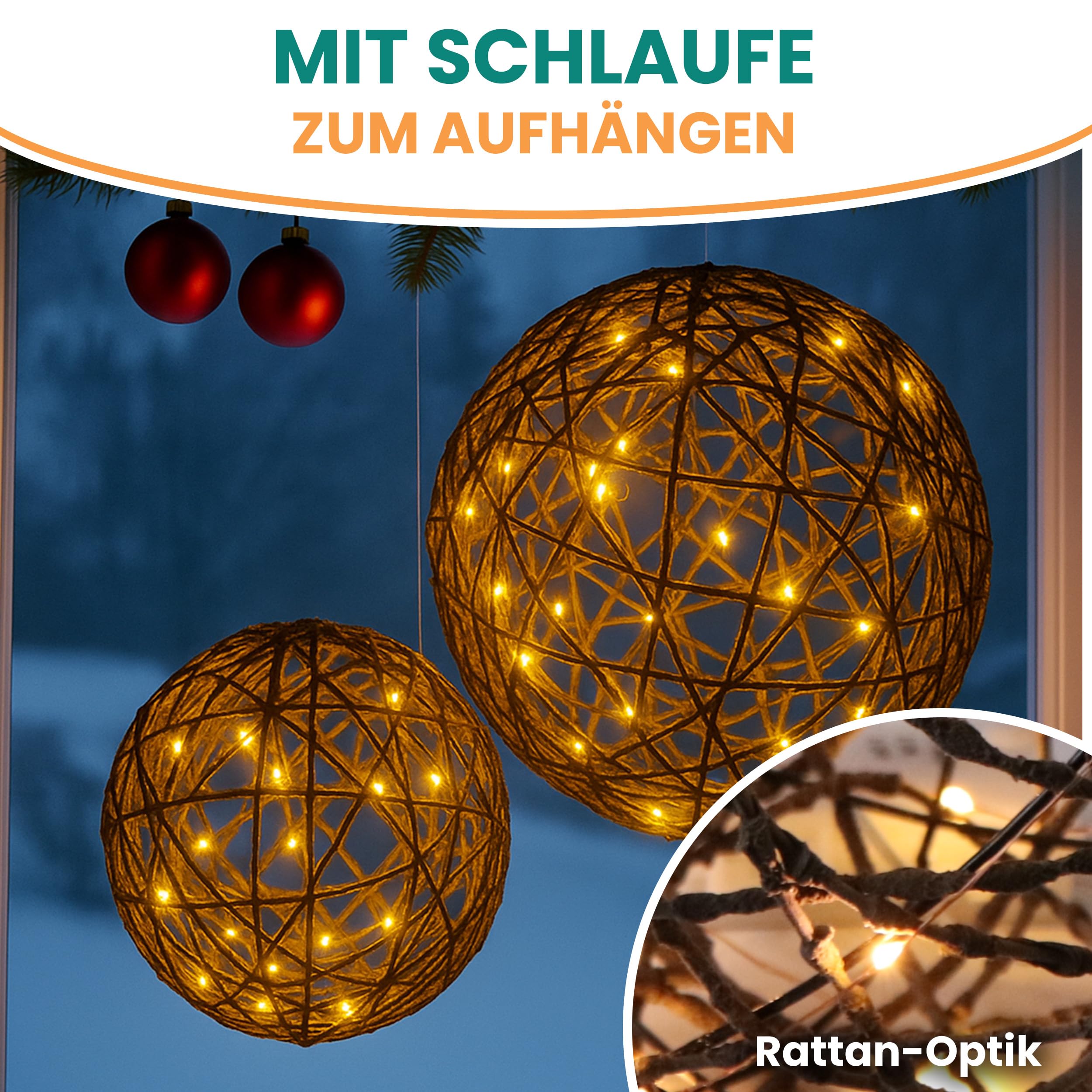 Gartenpirat Deko-Kugel Rattan Optik 70 LED warmweiß Ø 40 cm Kupferdraht-Lichterkette Batterie Timer