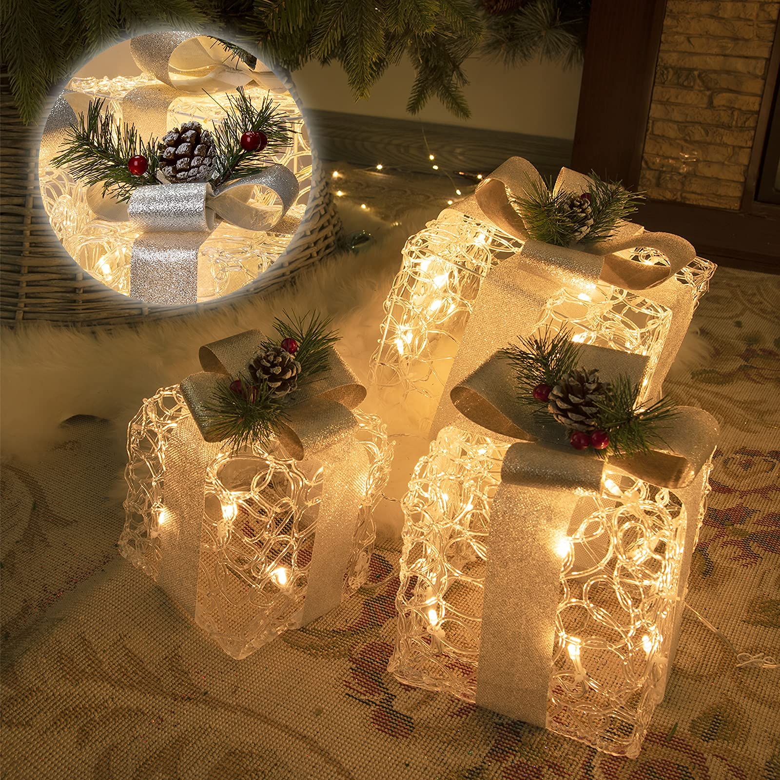 Lot de 3 boîtes de décoration de Noël LED blanches en acrylique pour l'intérieur et l'extérieur au sapin de Noël