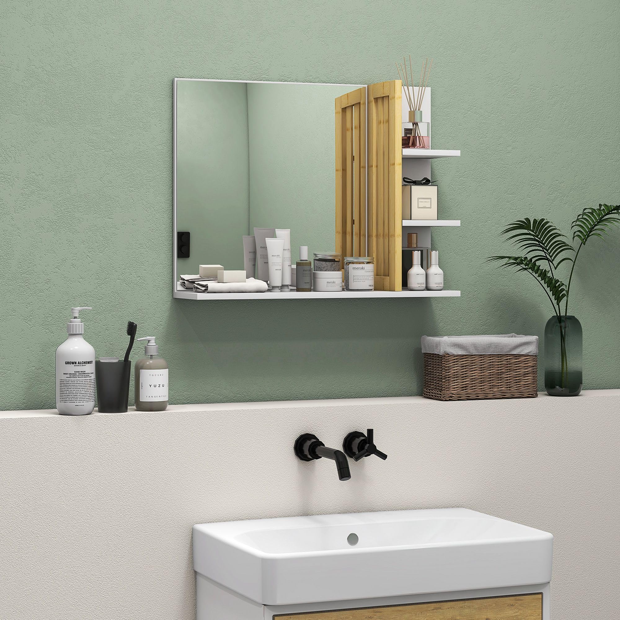 HOMCOM Miroir Mural de Salle de Bain avec étagères de Rangement - 3 étagères latérales + 1 étagère inférieure - Bois de Bambou Blanc