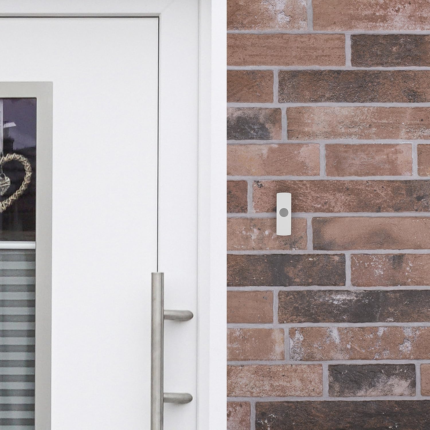 Byron B304 doorbell push button installed on a brick wall
