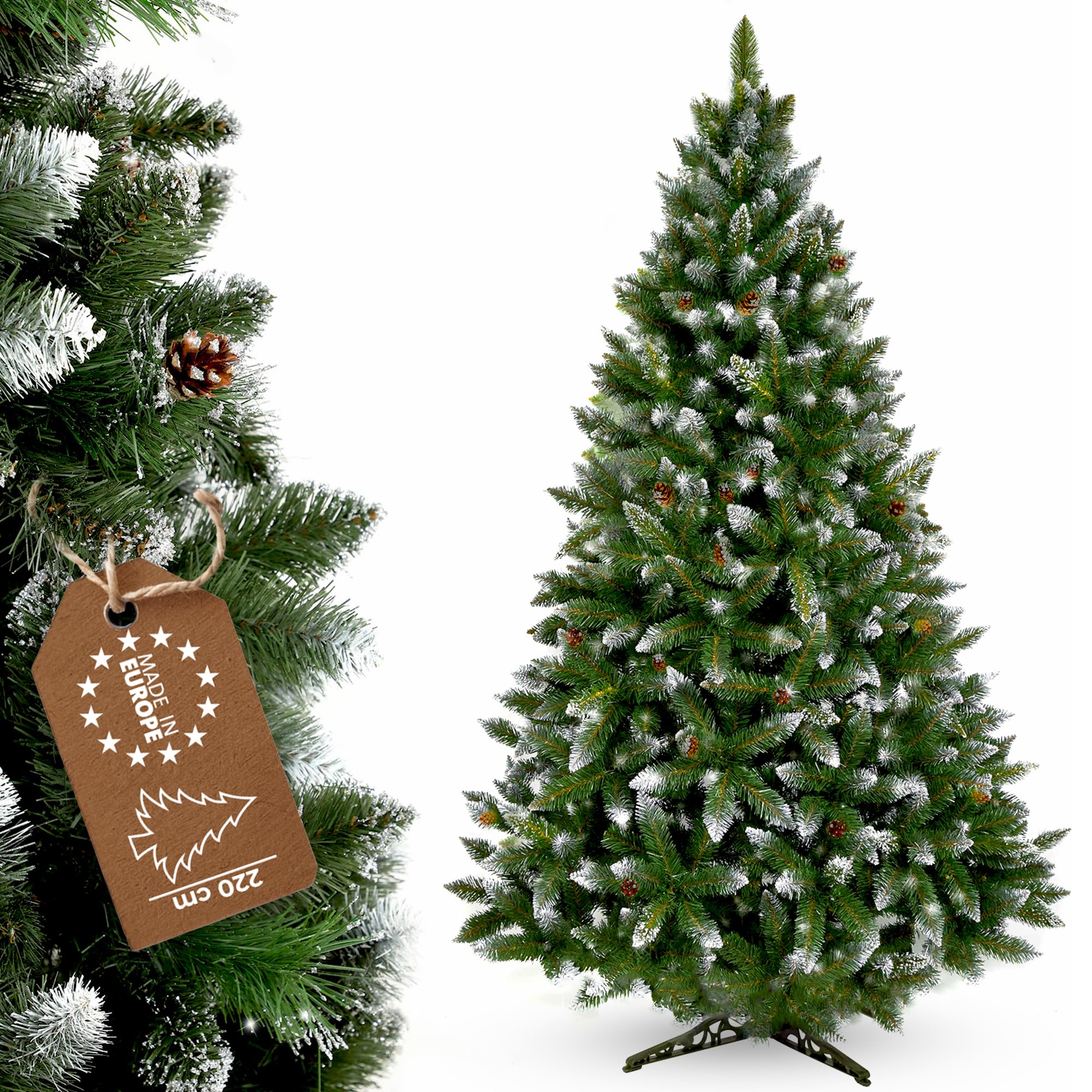 KADAX Sapin de Noël artificiel avec givre et cônes 220 cm, sapin vert avec 521 branches, env. 120 cm, pin en PVC avec support en plastique (renne 220 cm)