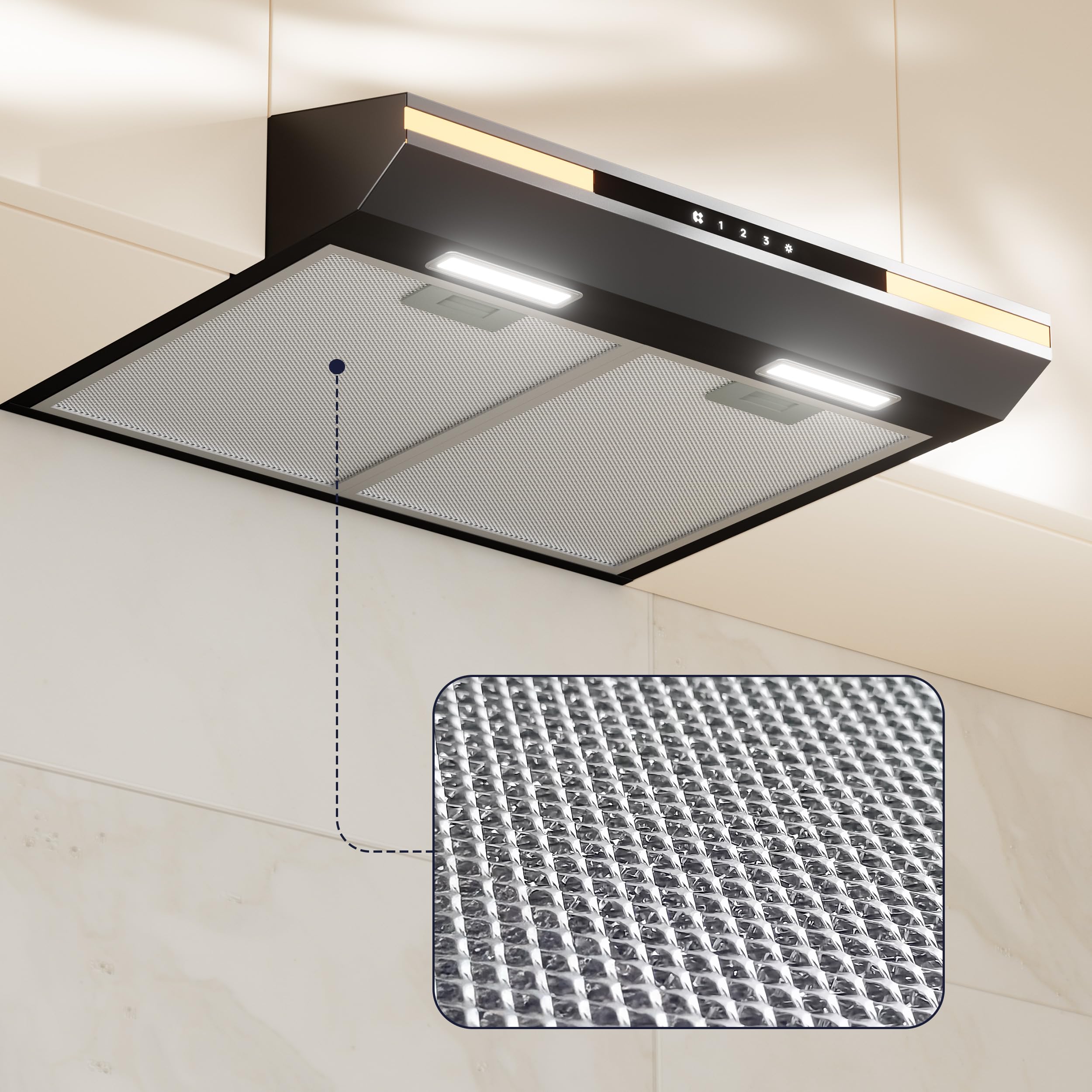 CIARRA CBCB6921 Cappa Aspirante 60cm Classe A+, 3 Velocità 300m³/h, Ricircolo ed Espulsione, Touch Screen Luce Ambientale Extra Cappa Sottopensile Nero con Filtro Carbone CBCF011