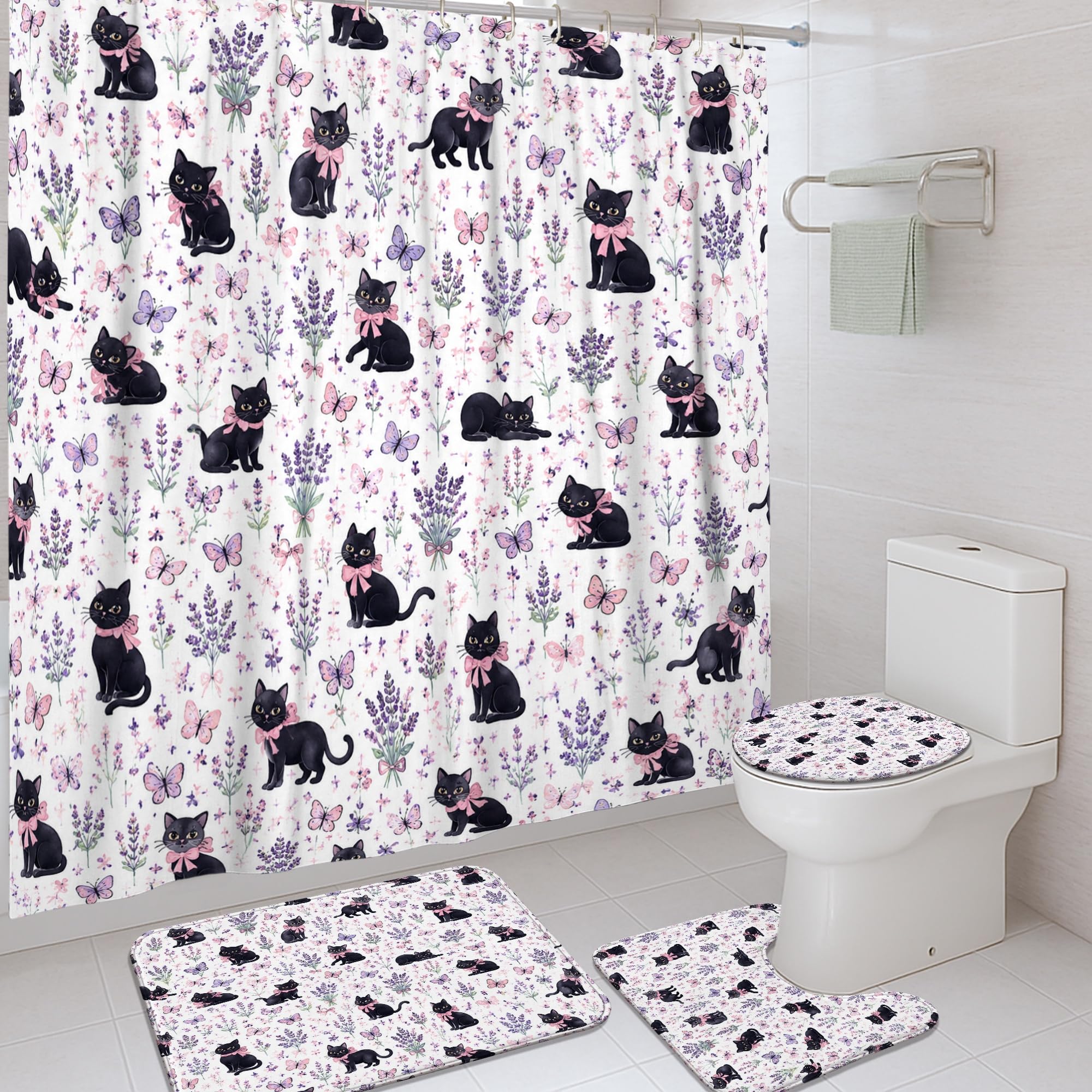 Rideau de douche anti-moisissure chat noir et papillons en tissu déperlant