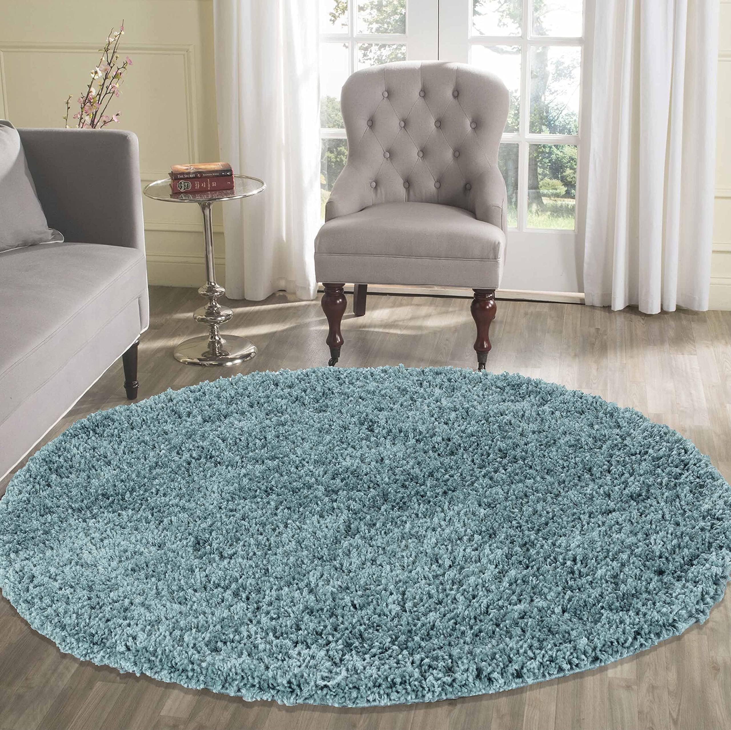 Serdim Rugs Living Room Round Shaggy Area Rugs, Polypropylene, Duck Egg Blue, 120x120cm(4x4')
