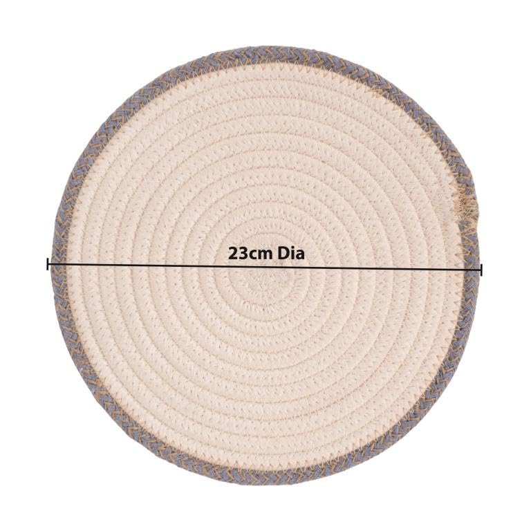 Image of DENOVA Cotton Rope Trivet Set for Hot Pans and Pots, Handcrafted, Heat-Resistant Round Table Protector 23 cm Cream and Blue Edge Line Pack of 3