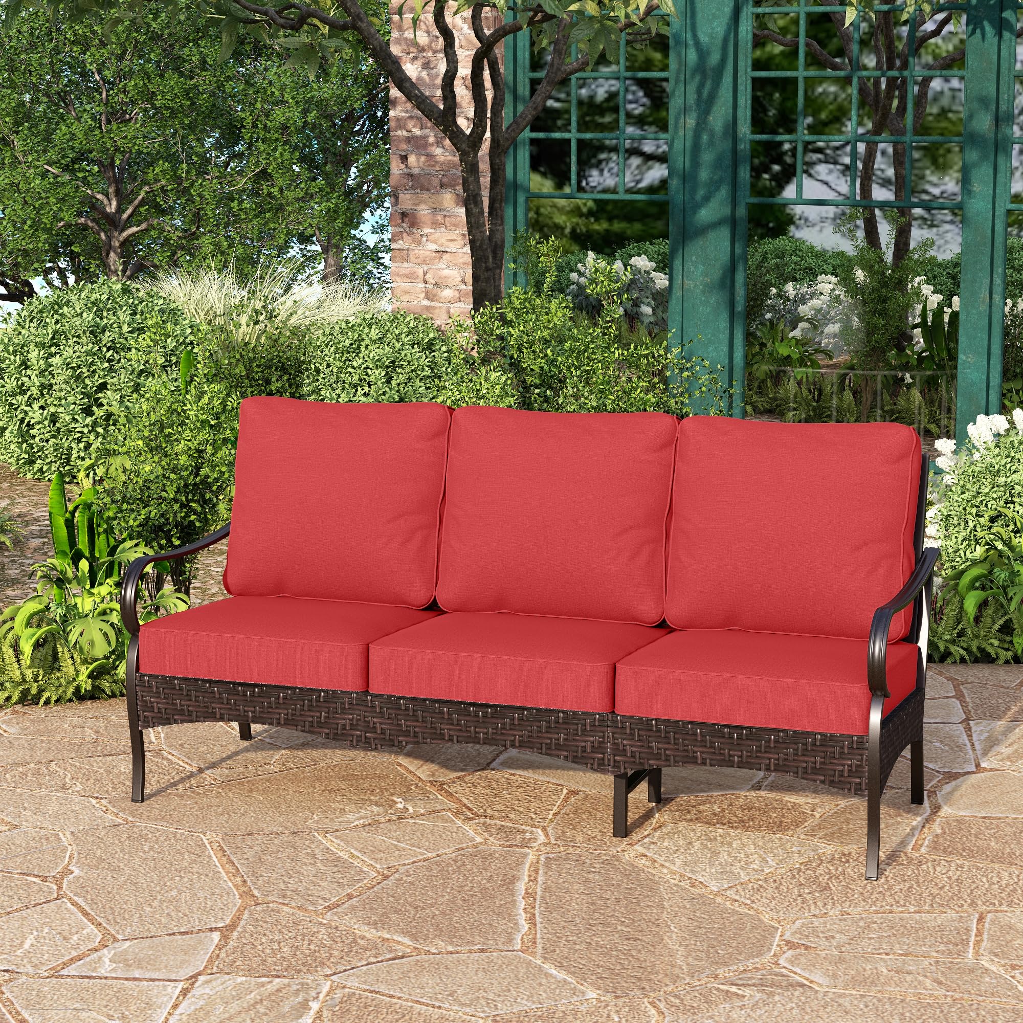 PHI VILLA 3-Seat Wicker Patio Sofa with Red Cushions