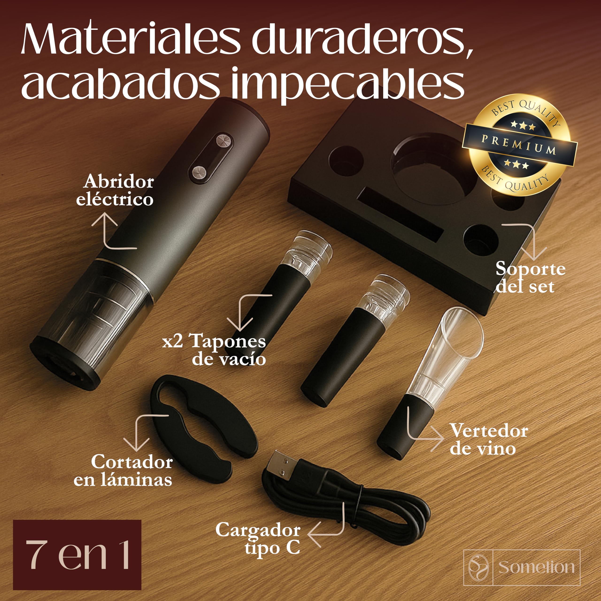 Abridor Electrico de Vino con Pantalla de Bateria Set 7 en 1 con Base Accesorios Vacio Vertedor Carga UsbC Apertura Rapida 6 A 10 Segundos Regalo Ideal Portatil Facil de Usar Diseño Premium en Español