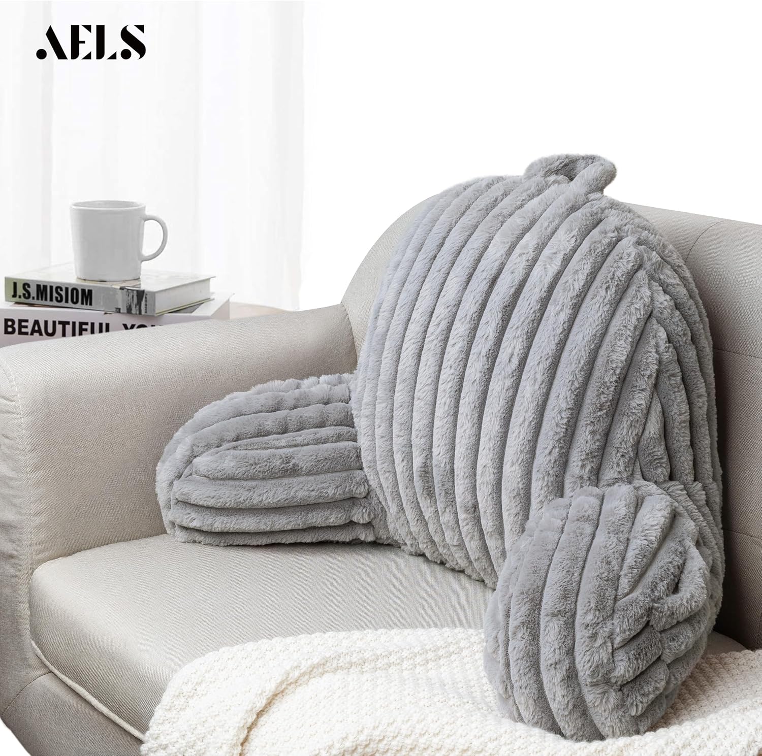 AELS Large Reading Pillow Replacement Cover with Arms and Pockets (Cover ONLY), 18" Soft Faux Fur Striped Backrest Pillow Cover Fits Standard Size Reading Pillows, Gray
