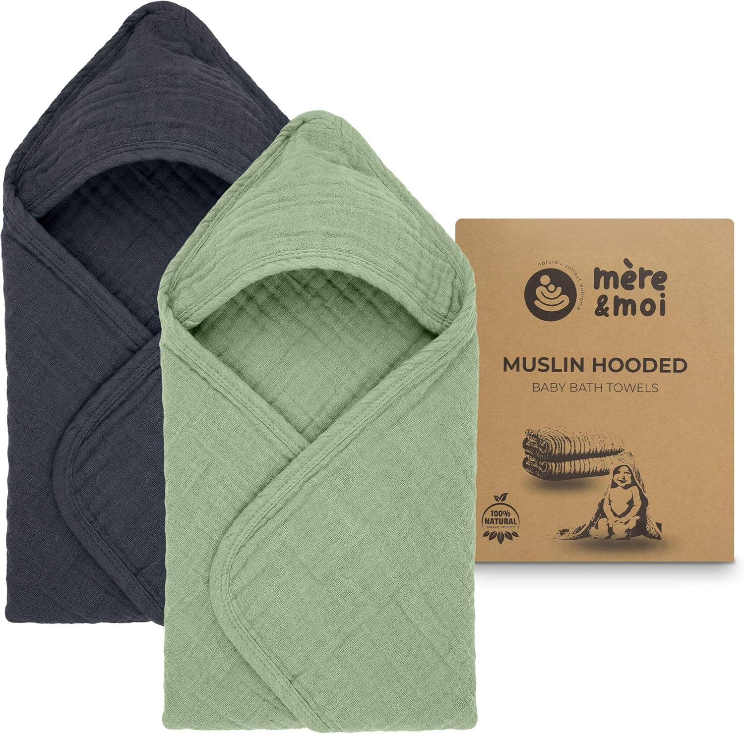 Mère & Moi Muslin Hooded Baby Bath Towel – 100% Cotton, Ultra Soft & Absorbent, Quick-Dry Newborn & Infant Bath Wrap with Hood, Gentle on Sensitive Skin, Oeko-TEX Certified - 2 Pack (White and White)