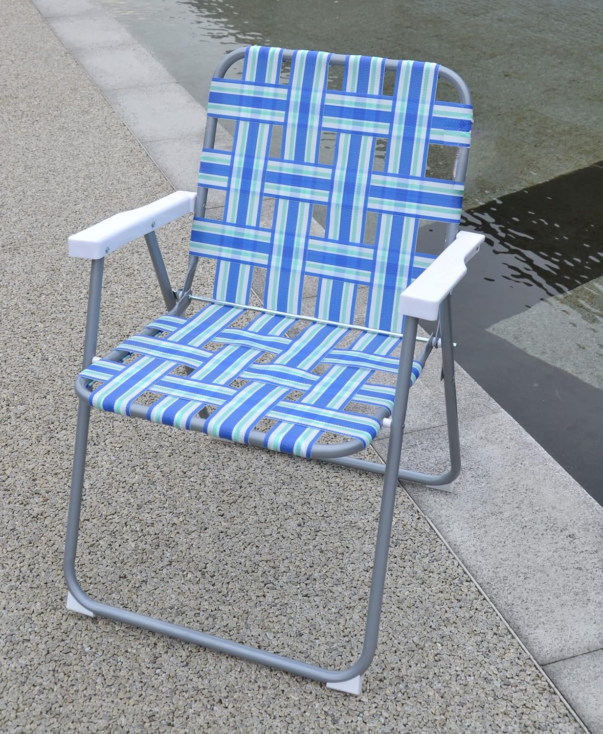 Foldable Webbing Retro Lounge Lawn Beach Camp Chair Portable Lightweight for Adult with Armrest | Picnic BBQ RV Trip Patio Garden Rest | Outdoor Collapsible Backrest Seats Summer Blue Stripe