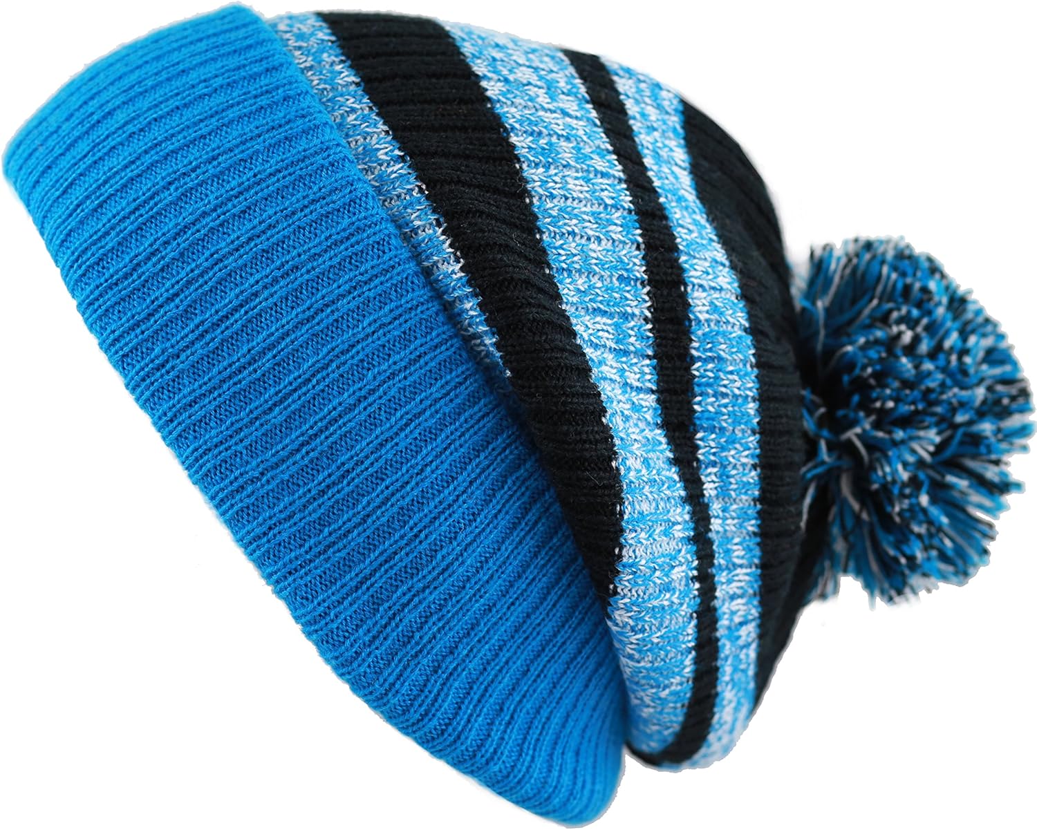 The Hat Depot Winter Striped Cuffed Pom Pom Knit Soft Thick Beanie Skully Hat (Black-Burgundy) at  Women’s Clothing store