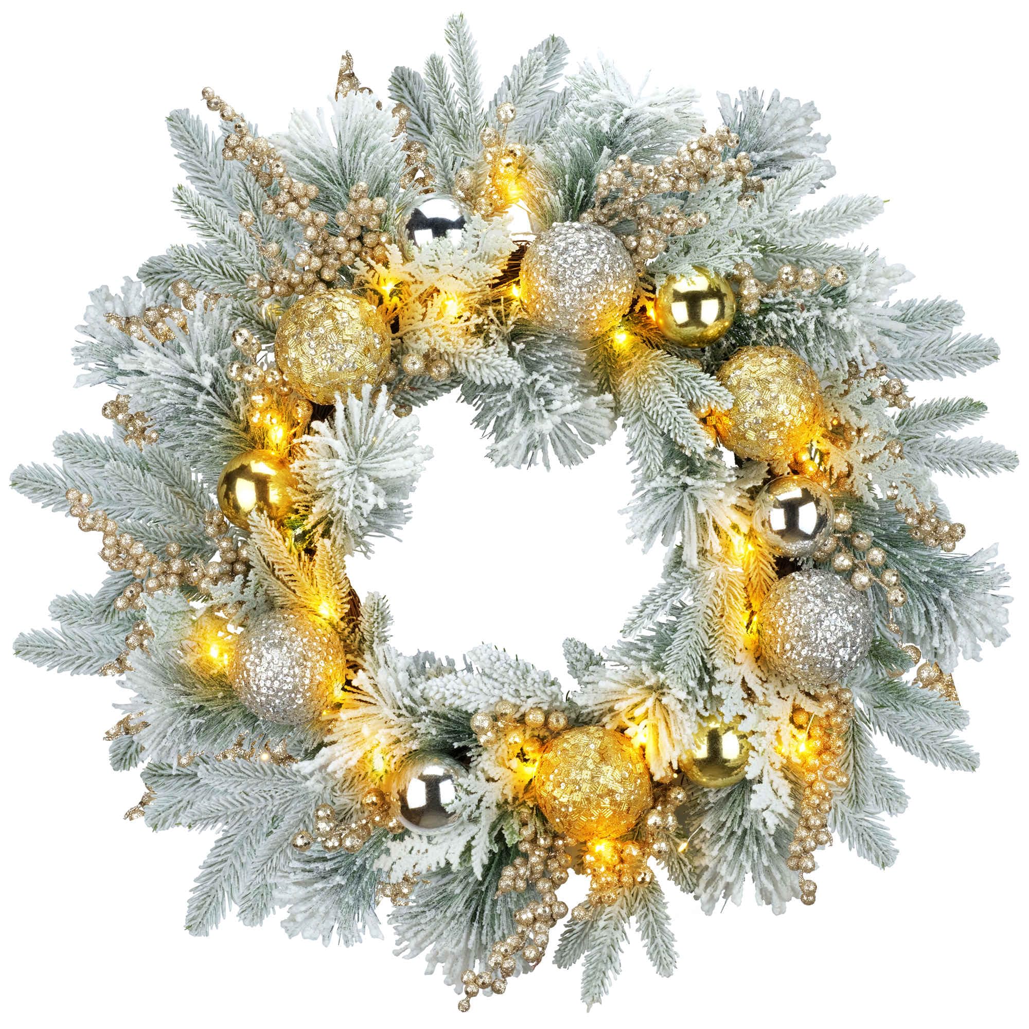 YULETIME 24" Christmas Wreath, Artificial Holiday Wreath with Baubles, Berries, Leaves, Spruce Branches, Snowy Pine Needles (Gold Bauble)