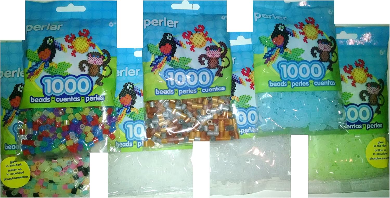 Perler 1000 Plastic Round Bead Set, 7 Pack Group (Clear, Clear Blue, Glitter, Glitter Mix, Glow Green, Metallic Mix)