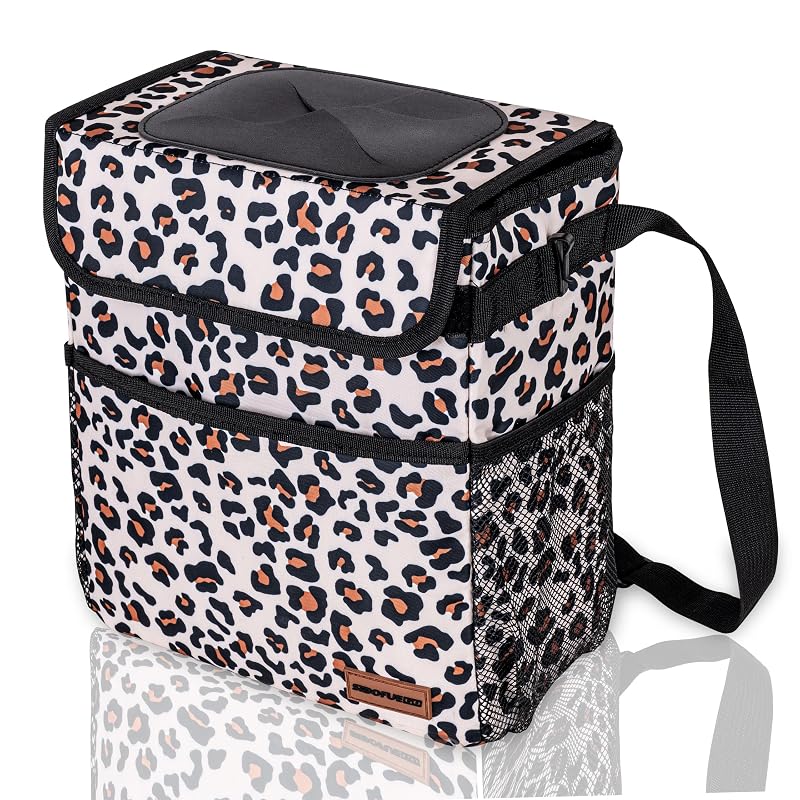 Lixeira Automotiva Dobrável com Tampa SIBOFUEGO, Estampa Leopardo, 7,6 L